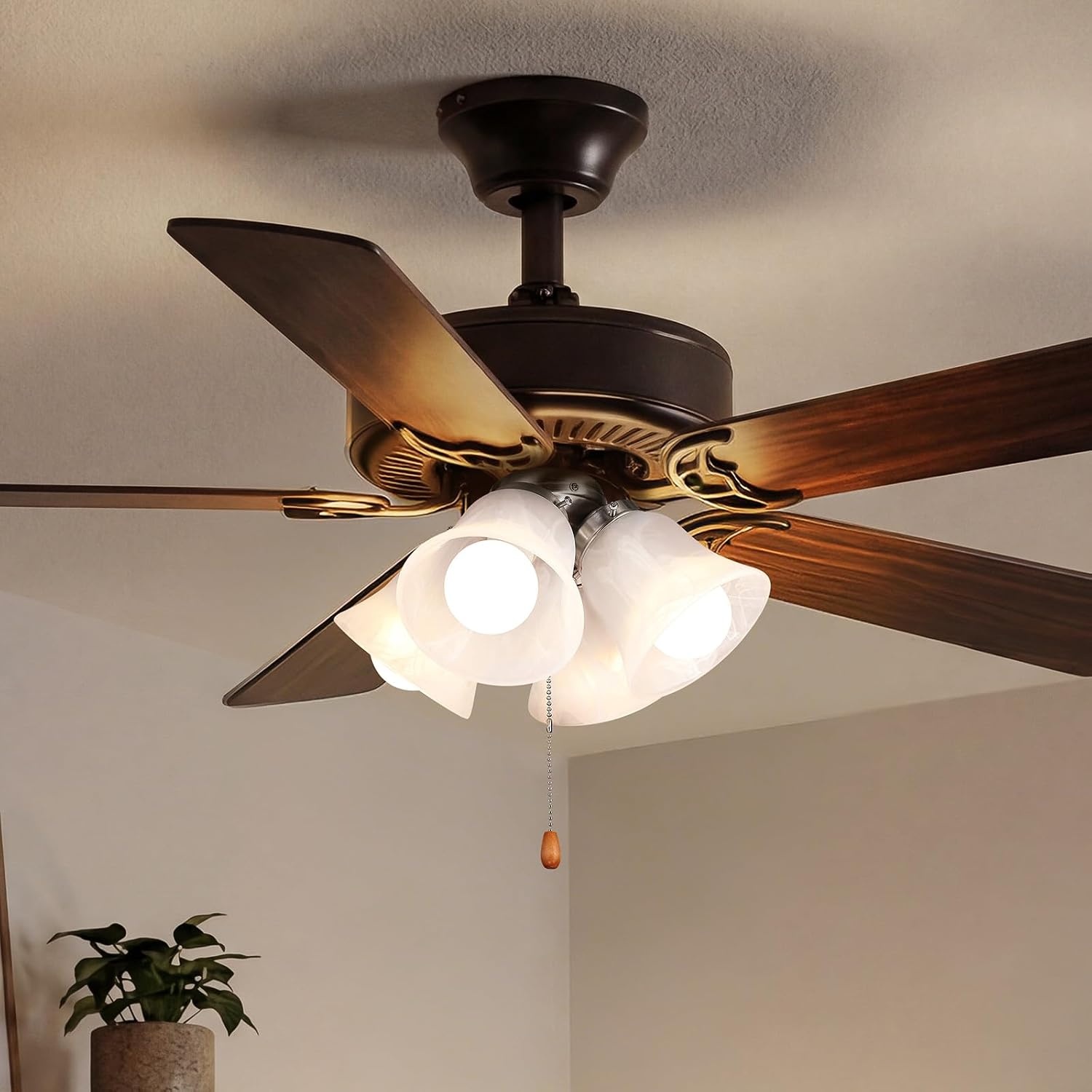 image:imageVEVOR Ceiling Fan Light Kit FourLight 3000K 750lm Fan Light Kit with Pull Chain Replacement Light Fixture for Living Room Bedroom Home Decor Cloud White Glass Shade Brushed Nickel Floral Shape