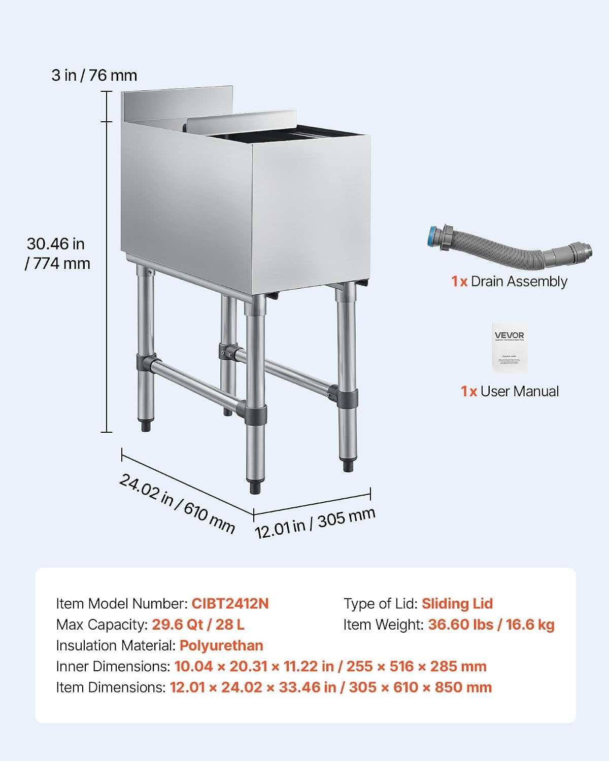 image:imageVEVOR Commercial Ice Bin Stainless Steel Ice Chest with Sliding Lid 24H LongLasting Insulation Cooler Cart Cocktail Unit for Bar Restaurant Pub NSF 24 Inch12 x 24 x 33