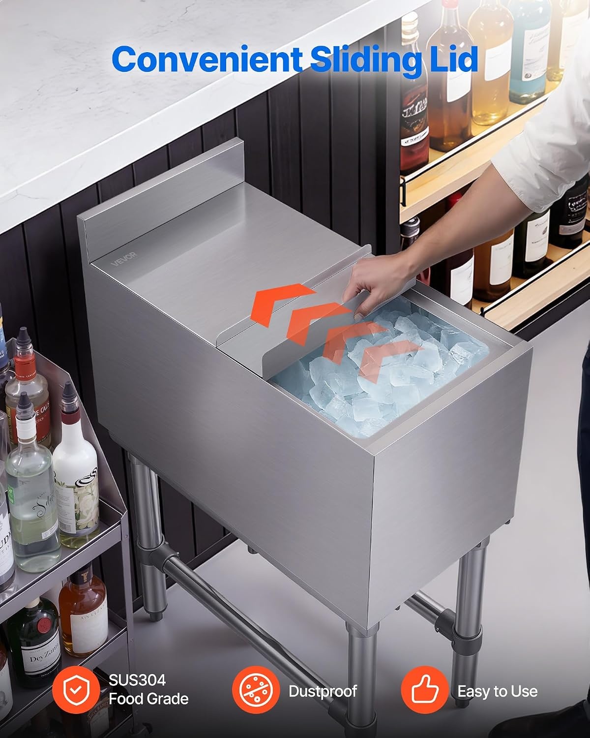 image:imageVEVOR Commercial Ice Bin Stainless Steel Ice Chest with Sliding Lid 24H LongLasting Insulation Cooler Cart Cocktail Unit for Bar Restaurant Pub NSF 24 Inch12 x 24 x 33