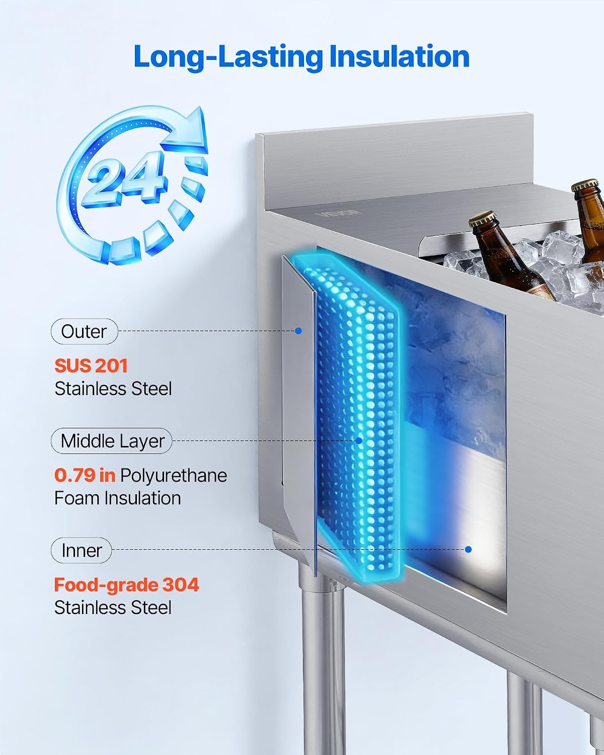 image:imageVEVOR Commercial Ice Bin Stainless Steel Ice Chest with Sliding Lid 24H LongLasting Insulation Cooler Cart Cocktail Unit for Bar Restaurant Pub NSF 24 Inch12 x 24 x 33