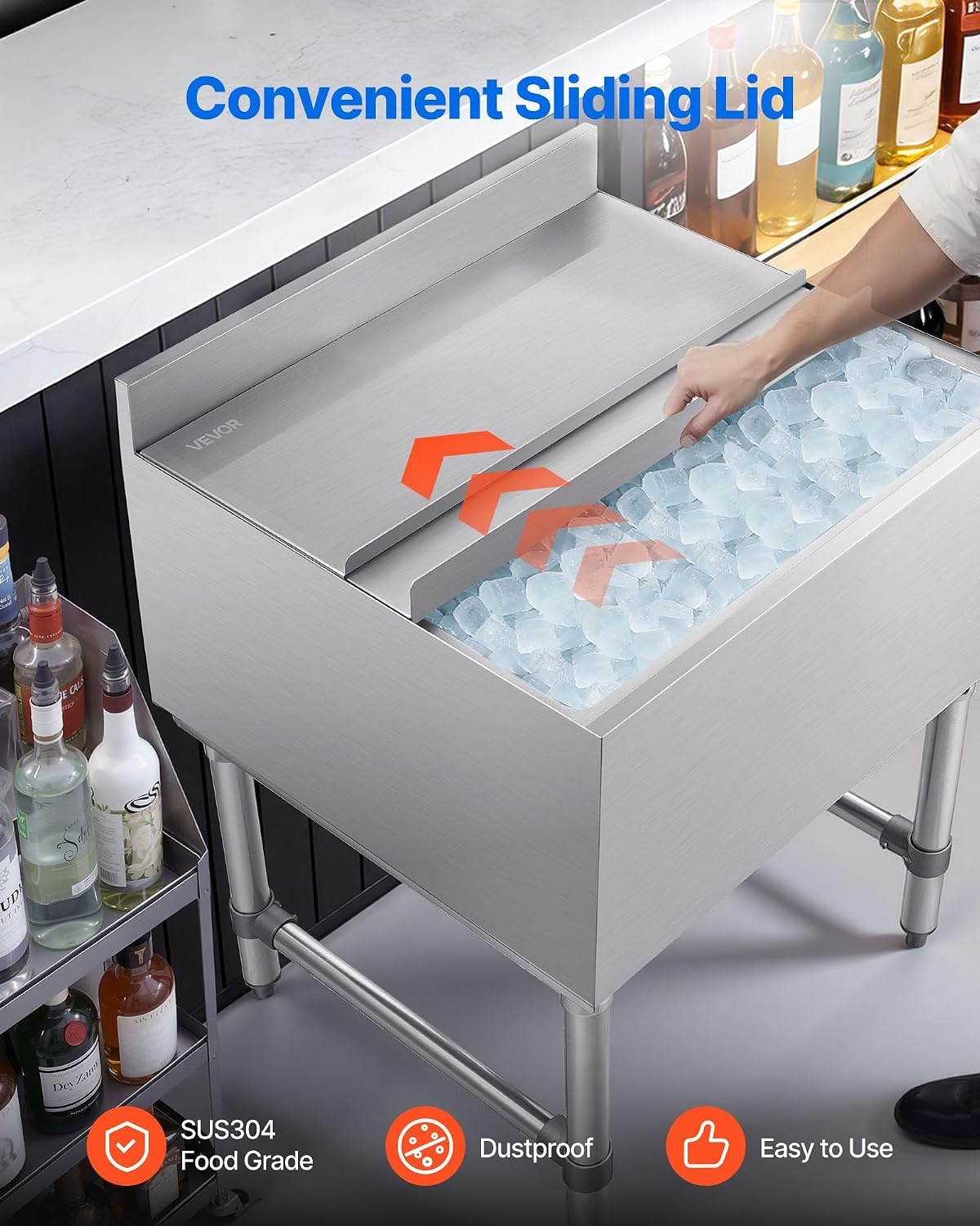 image:imageVEVOR Commercial Ice Bin Stainless Steel Ice Chest with Sliding Lid 24H LongLasting Insulation Cooler Cart Cocktail Unit for Bar Restaurant Pub NSF 24 Inch24 x 24 x 33