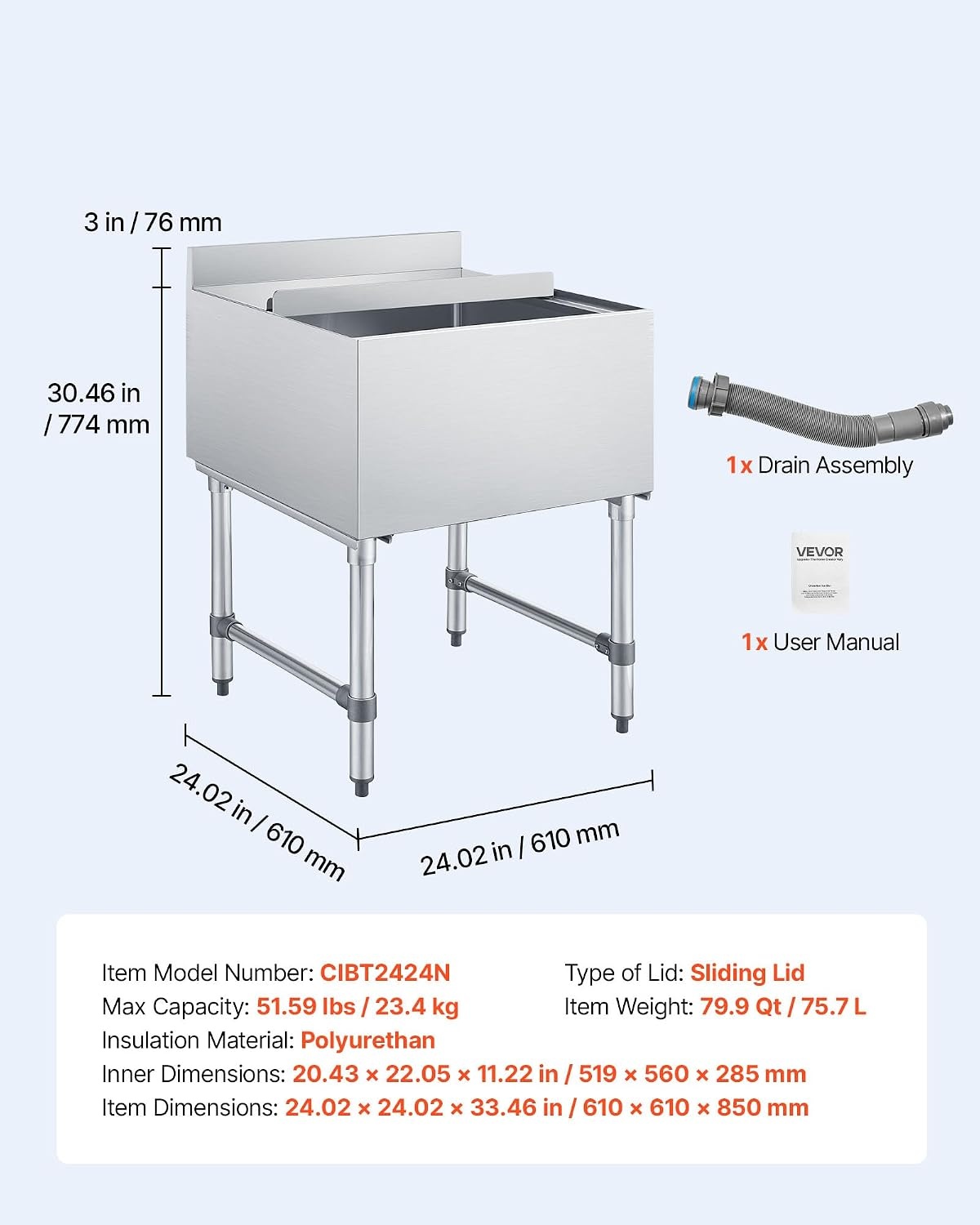 image:imageVEVOR Commercial Ice Bin Stainless Steel Ice Chest with Sliding Lid 24H LongLasting Insulation Cooler Cart Cocktail Unit for Bar Restaurant Pub NSF 24 Inch24 x 24 x 33