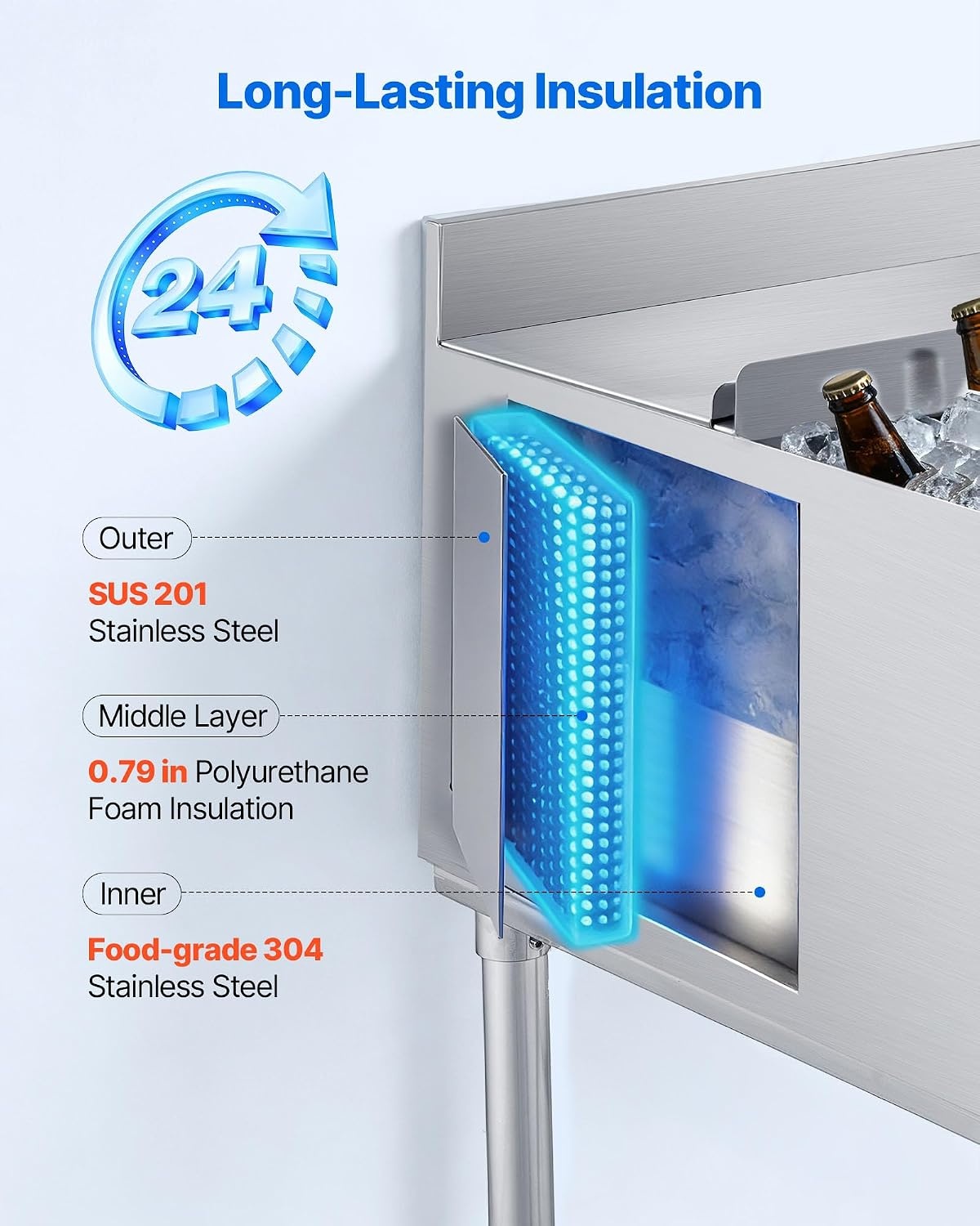 image:imageVEVOR Commercial Ice Bin Stainless Steel Ice Chest with Sliding Lid 24H LongLasting Insulation Cooler Cart Cocktail Unit for Bar Restaurant Pub NSF 24 Inch24 x 24 x 33