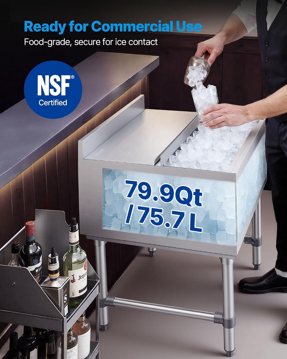 image:imageVEVOR Commercial Ice Bin Stainless Steel Ice Chest with Sliding Lid 24H LongLasting Insulation Cooler Cart Cocktail Unit for Bar Restaurant Pub NSF 24 Inch24 x 24 x 33