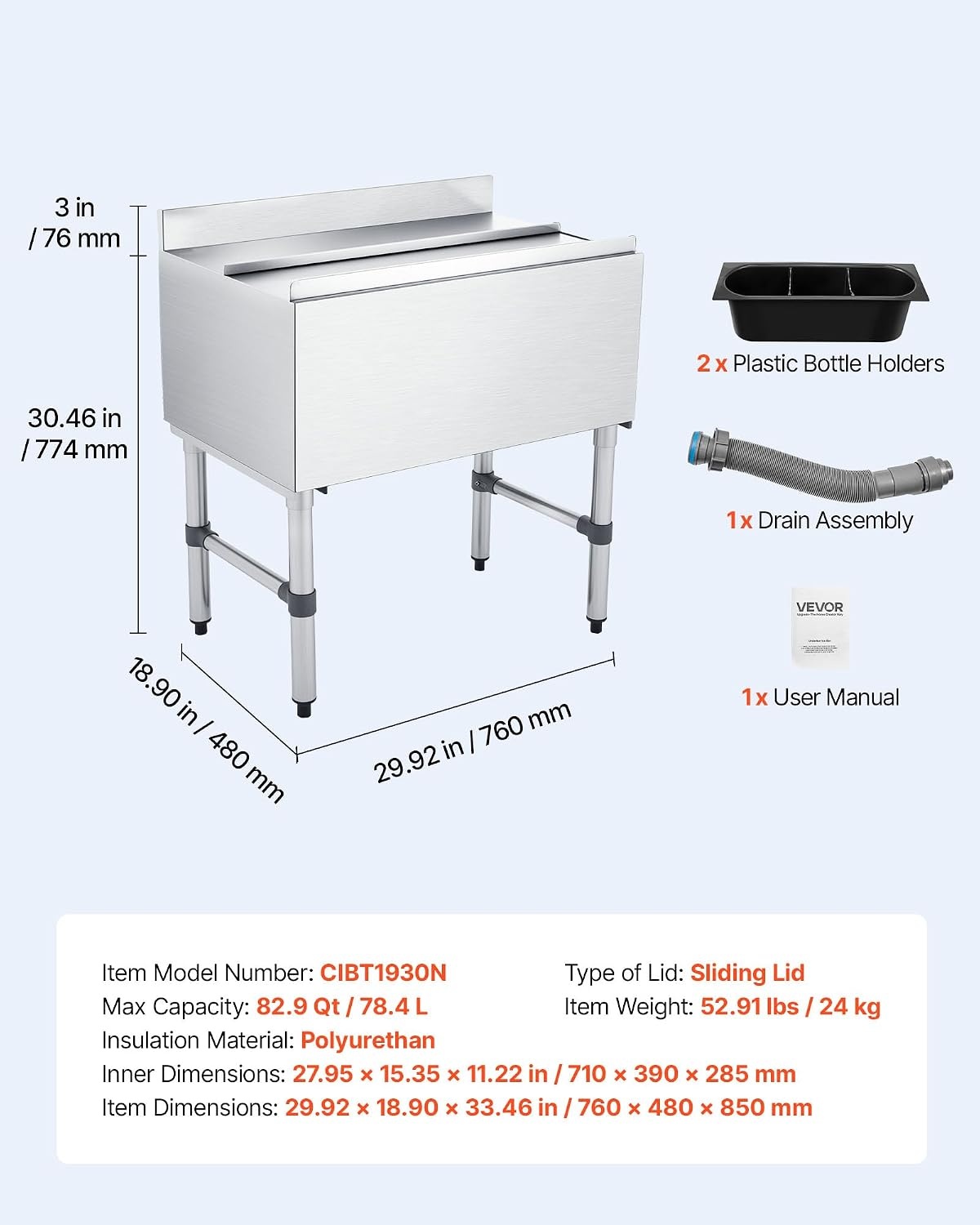 image:imageVEVOR Commercial Ice Bin19 Inch Stainless Steel Ice Chest with Sliding Lid and Bottle Holders Cooler Cart Cocktail Unit for Bar Restaurant Pub NSF Certified30 x 19 x 33