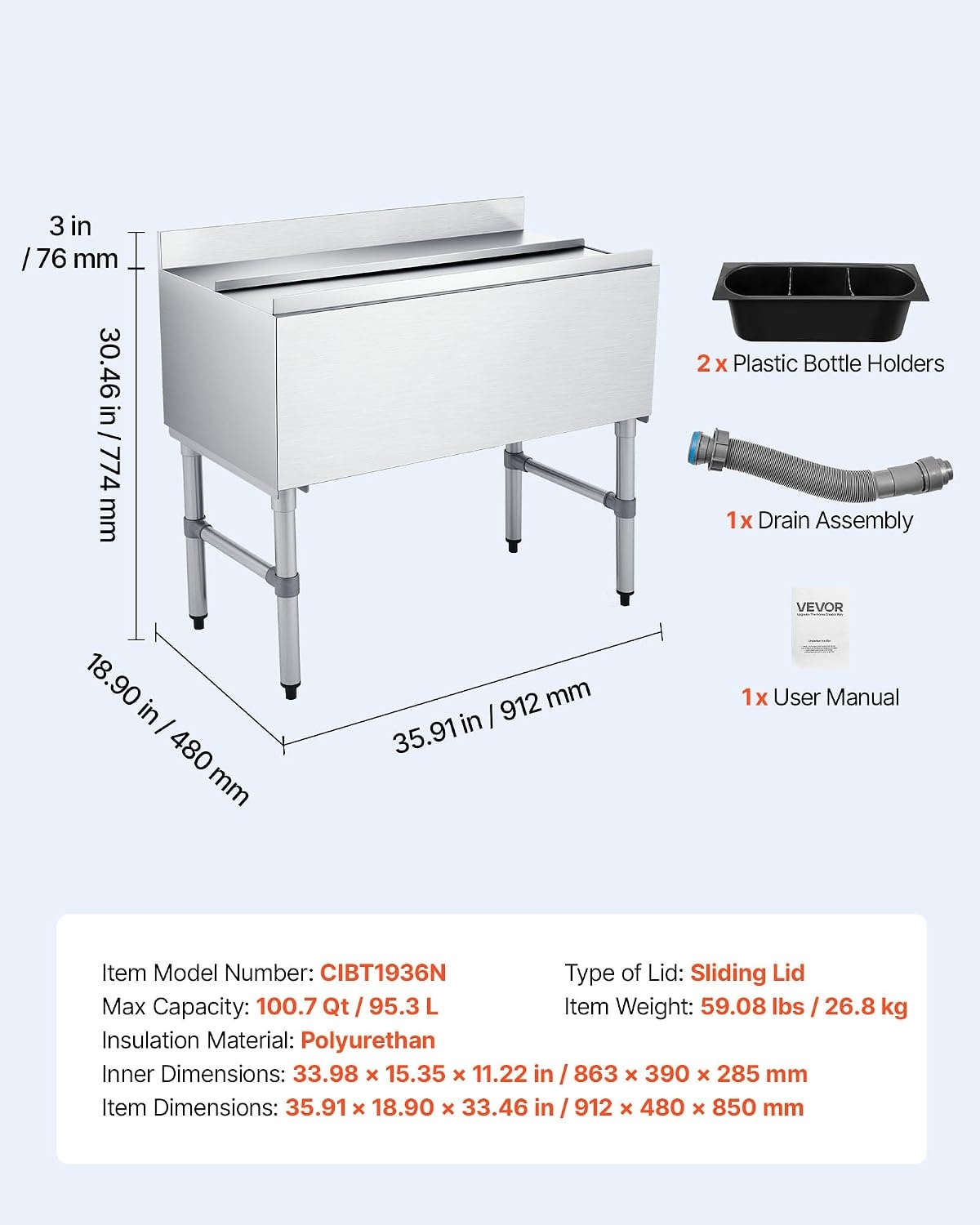 image:imageVEVOR Commercial Ice Bin19 Inch Stainless Steel Ice Chest with Sliding Lid and Bottle Holders Cooler Cart Cocktail Unit for Bar Restaurant Pub NSF Certified36 x 19 x 33