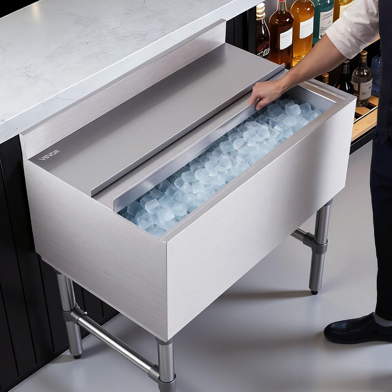 image:imageVEVOR Commercial Ice Bin19 Inch Stainless Steel Ice Chest with Sliding Lid and Bottle Holders Cooler Cart Cocktail Unit for Bar Restaurant Pub NSF Certified30 x 19 x 33
