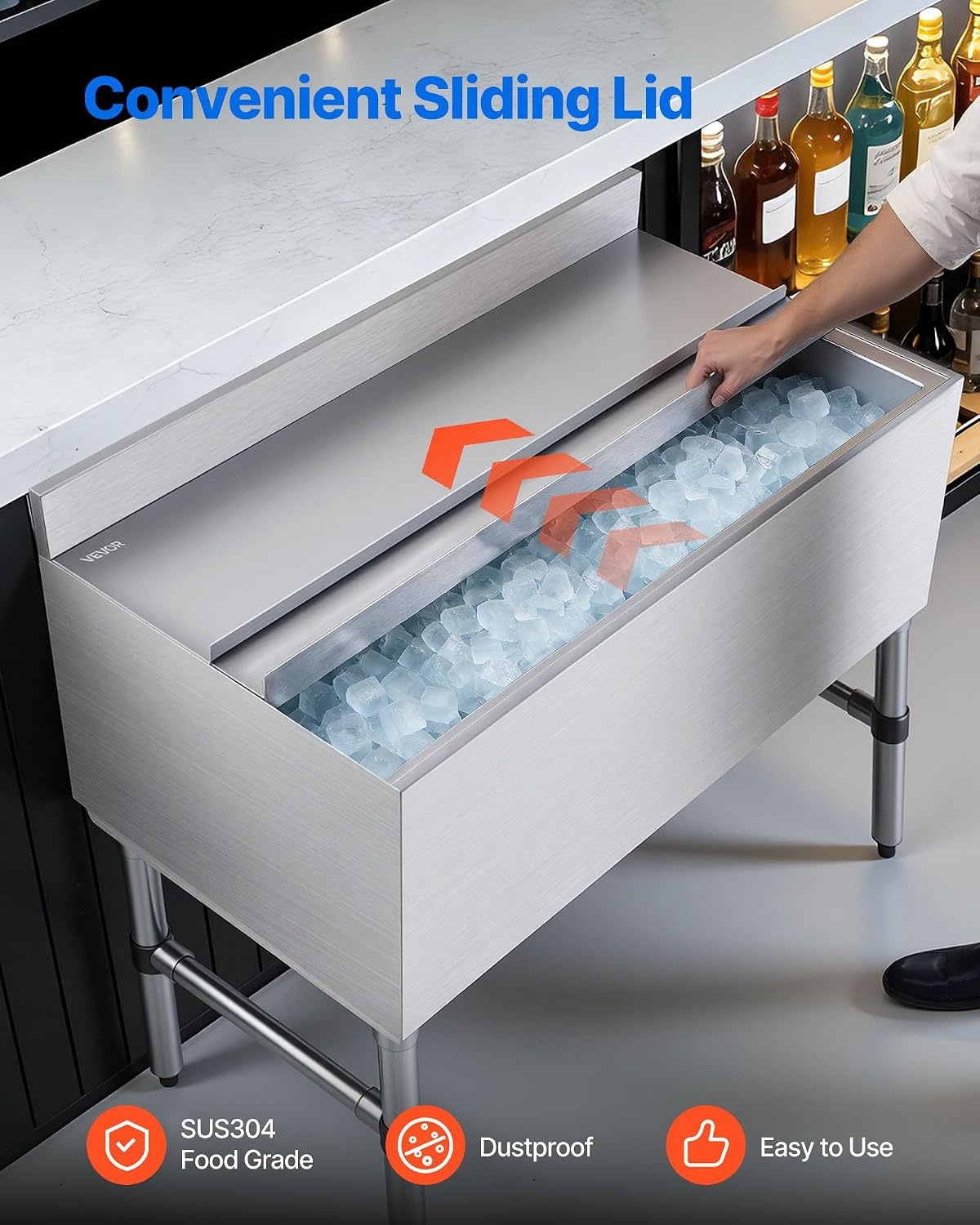 image:imageVEVOR Commercial Ice Bin19 Inch Stainless Steel Ice Chest with Sliding Lid and Bottle Holders Cooler Cart Cocktail Unit for Bar Restaurant Pub NSF Certified36 x 19 x 33