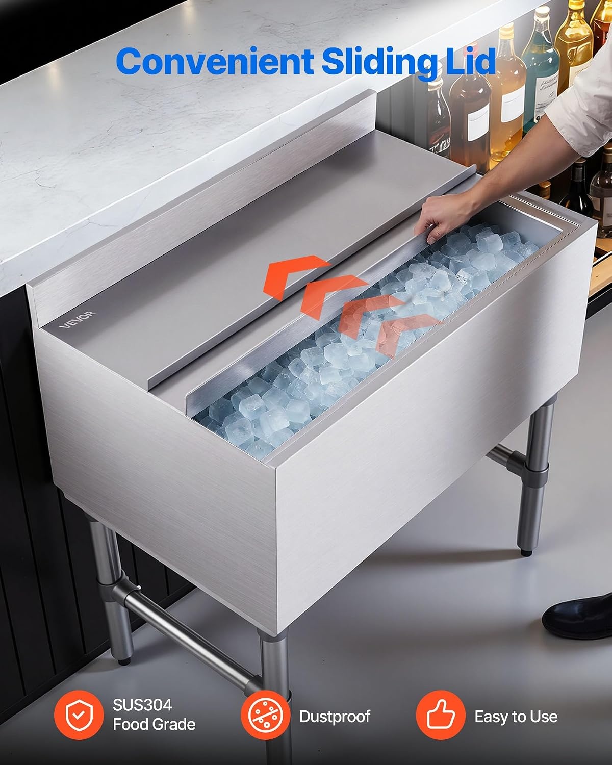 image:imageVEVOR Commercial Ice Bin19 Inch Stainless Steel Ice Chest with Sliding Lid and Bottle Holders Cooler Cart Cocktail Unit for Bar Restaurant Pub NSF Certified30 x 19 x 33