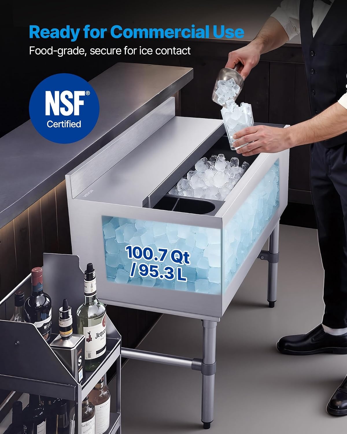 image:imageVEVOR Commercial Ice Bin19 Inch Stainless Steel Ice Chest with Sliding Lid and Bottle Holders Cooler Cart Cocktail Unit for Bar Restaurant Pub NSF Certified36 x 19 x 33
