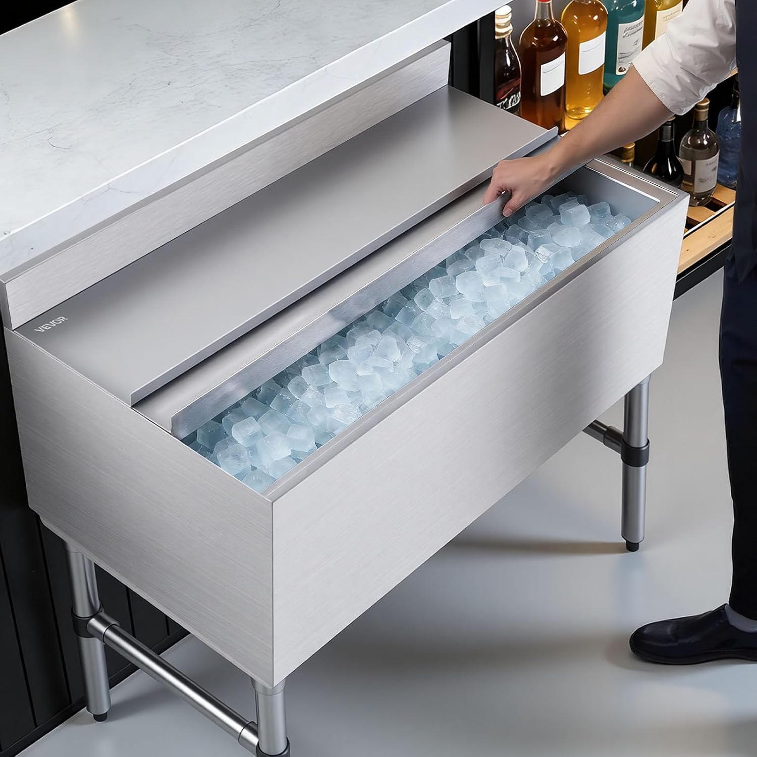image:imageVEVOR Commercial Ice Bin19 Inch Stainless Steel Ice Chest with Sliding Lid and Bottle Holders Cooler Cart Cocktail Unit for Bar Restaurant Pub NSF Certified36 x 19 x 33