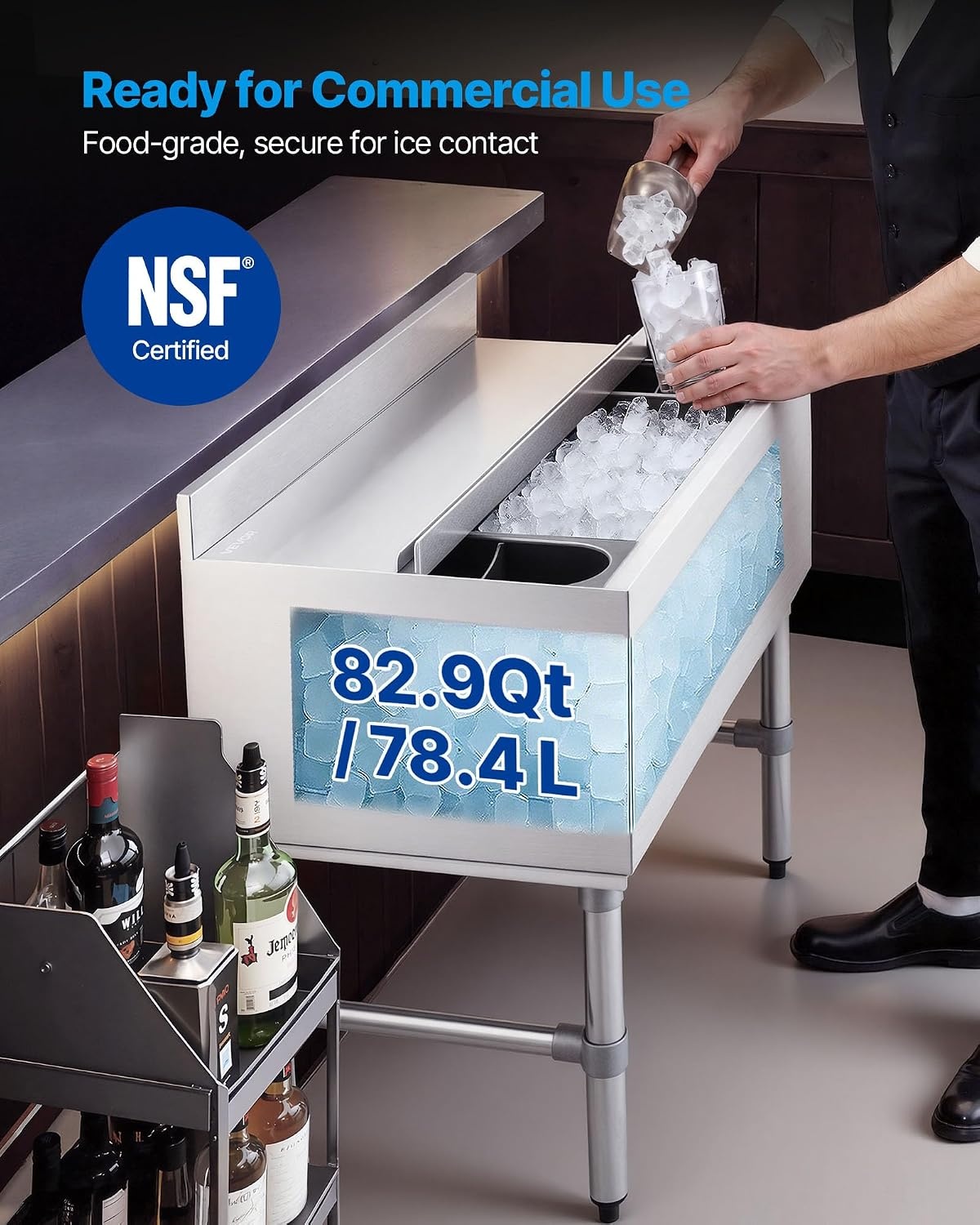 image:imageVEVOR Commercial Ice Bin19 Inch Stainless Steel Ice Chest with Sliding Lid and Bottle Holders Cooler Cart Cocktail Unit for Bar Restaurant Pub NSF Certified30 x 19 x 33