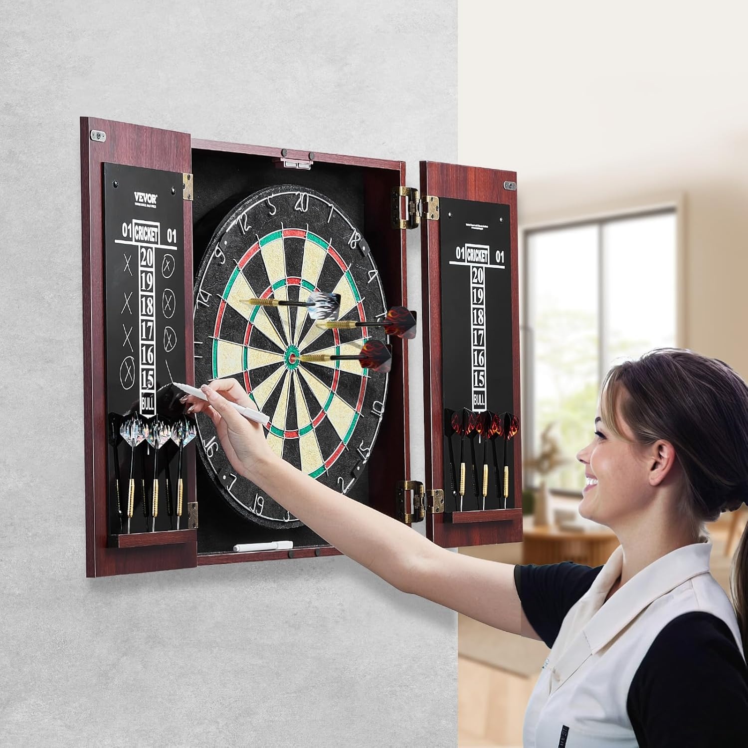 image:imageVEVOR Dart Board Cabinet Set Multiple Styles ReadytoPlay Bundle Official Size Steel Tip Dart Hideaway Cabinet Features Easy Assembly Complete with All Accessories Perfect for Cricket Games40 x 213 x 35