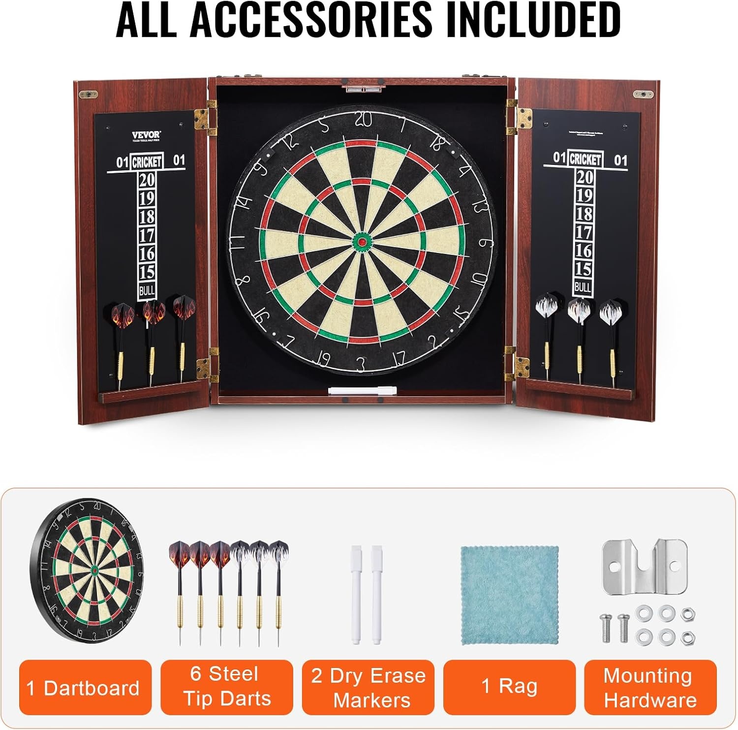 image:imageVEVOR Dart Board Cabinet Set Multiple Styles ReadytoPlay Bundle Official Size Steel Tip Dart Hideaway Cabinet Features Easy Assembly Complete with All Accessories Perfect for Cricket Games40 x 213 x 35
