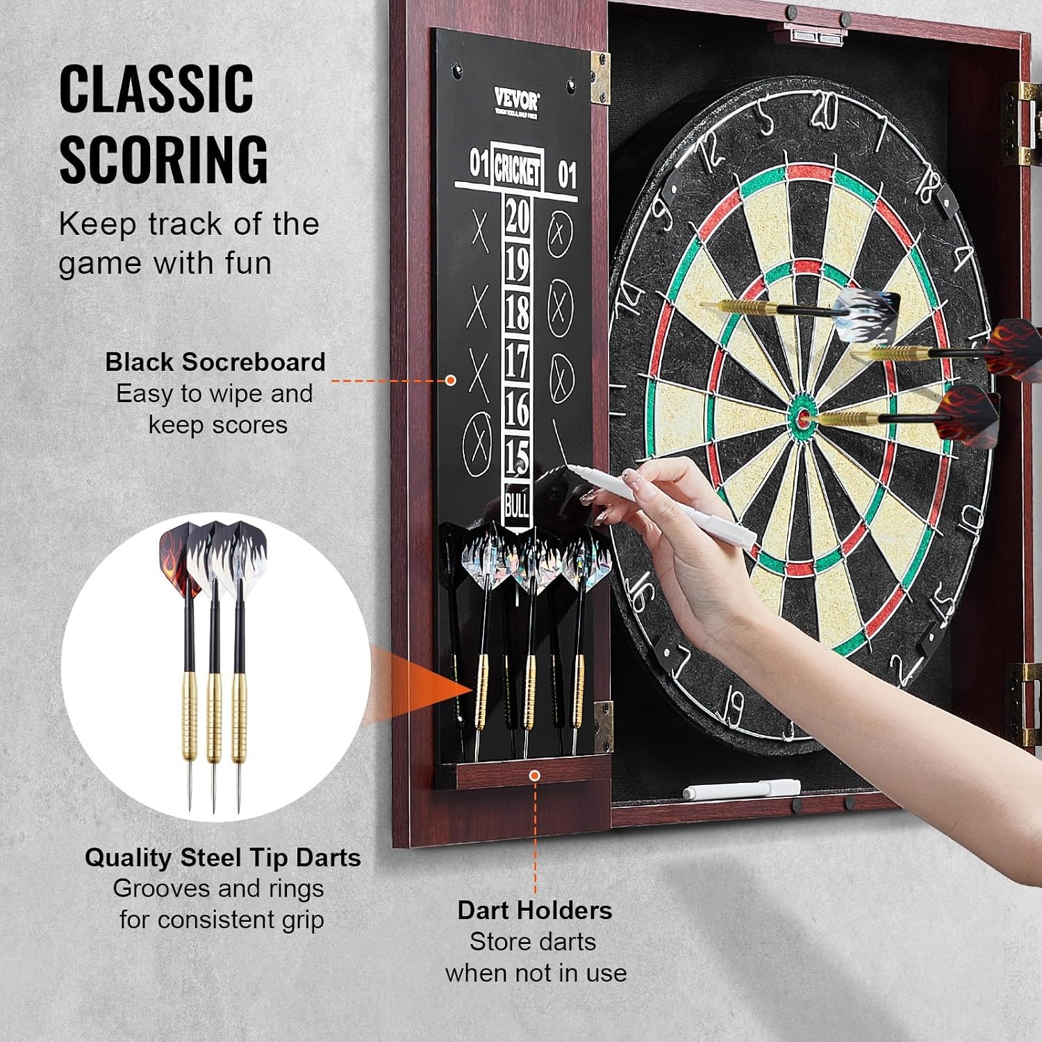 image:imageVEVOR Dart Board Cabinet Set Multiple Styles ReadytoPlay Bundle Official Size Steel Tip Dart Hideaway Cabinet Features Easy Assembly Complete with All Accessories Perfect for Cricket Games40 x 213 x 35