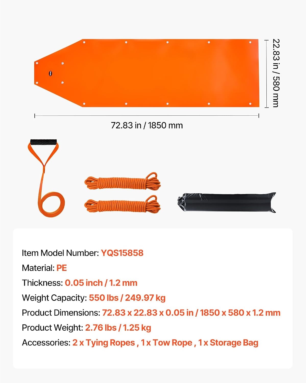 image:imageVEVOR Deer Drag Sled 728 x 228 in 550lbs Heavy Duty Yard Utility Sled TearResistant PE Drag Glider Mat with Ropes amp Handle Thickened Game Hauler for Firewood Ice Fishing Hauling Hunting