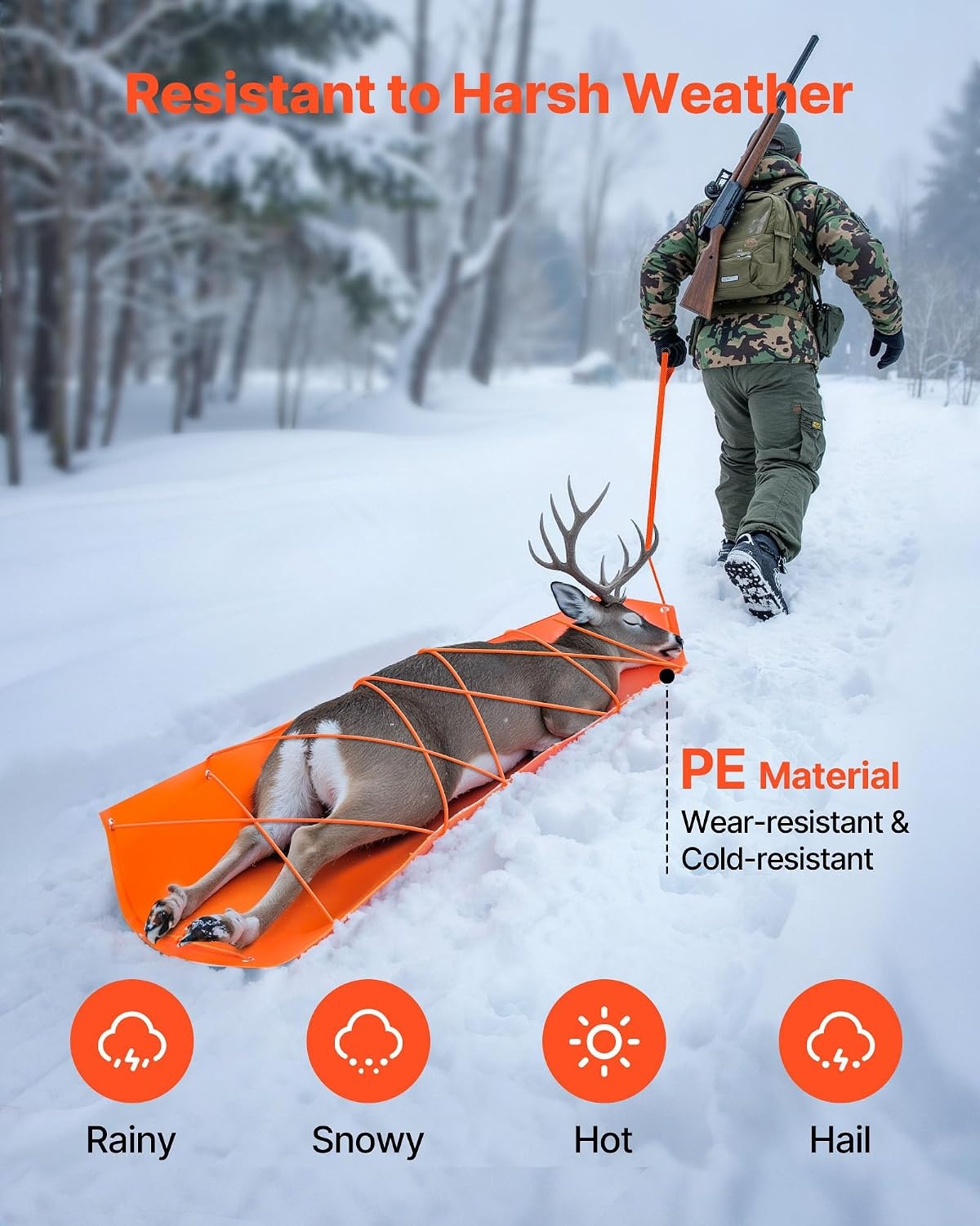 image:imageVEVOR Deer Drag Sled 728 x 228 in 550lbs Heavy Duty Yard Utility Sled TearResistant PE Drag Glider Mat with Ropes amp Handle Thickened Game Hauler for Firewood Ice Fishing Hauling Hunting