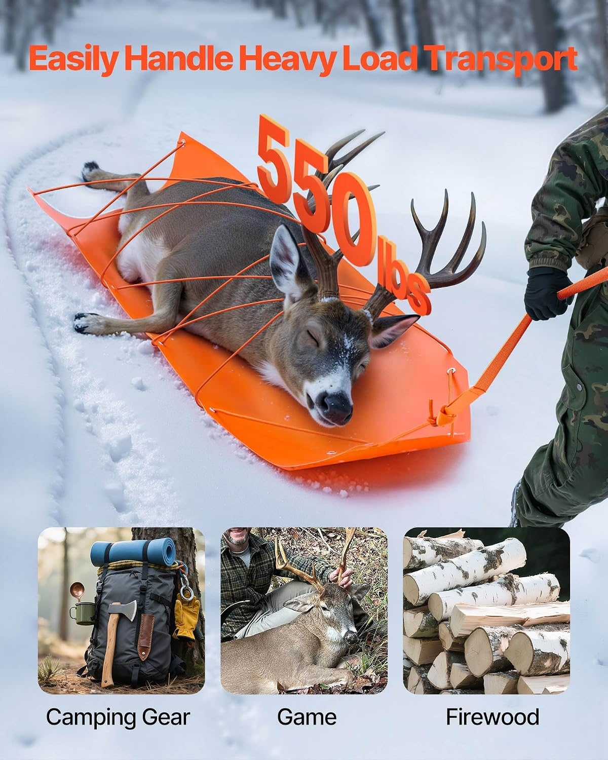 image:imageVEVOR Deer Drag Sled 728 x 228 in 550lbs Heavy Duty Yard Utility Sled TearResistant PE Drag Glider Mat with Ropes amp Handle Thickened Game Hauler for Firewood Ice Fishing Hauling Hunting