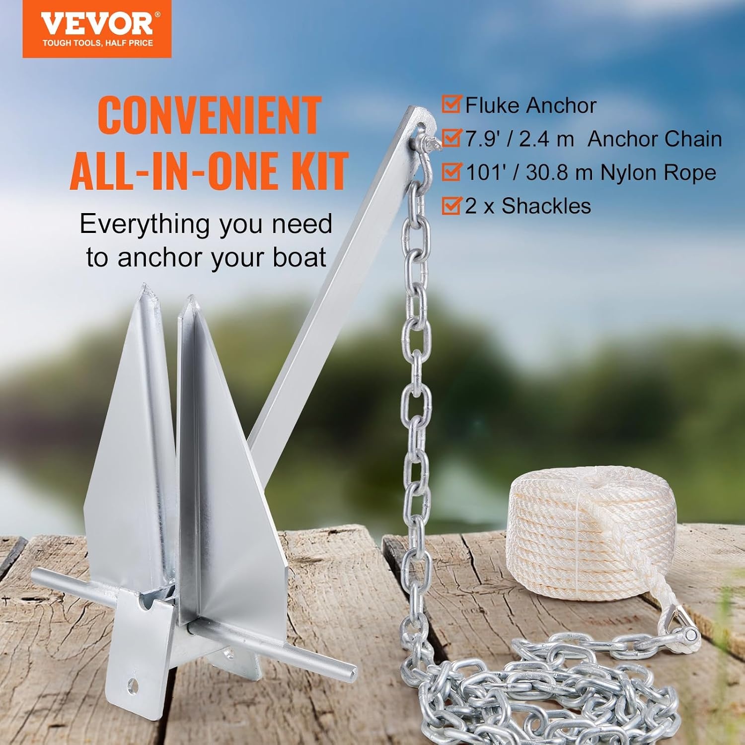 image:imageVEVOR Fluke Style Anchor KitHotDipped Galvanized Steel Fluke Anchor with 79 Chain13 lbs