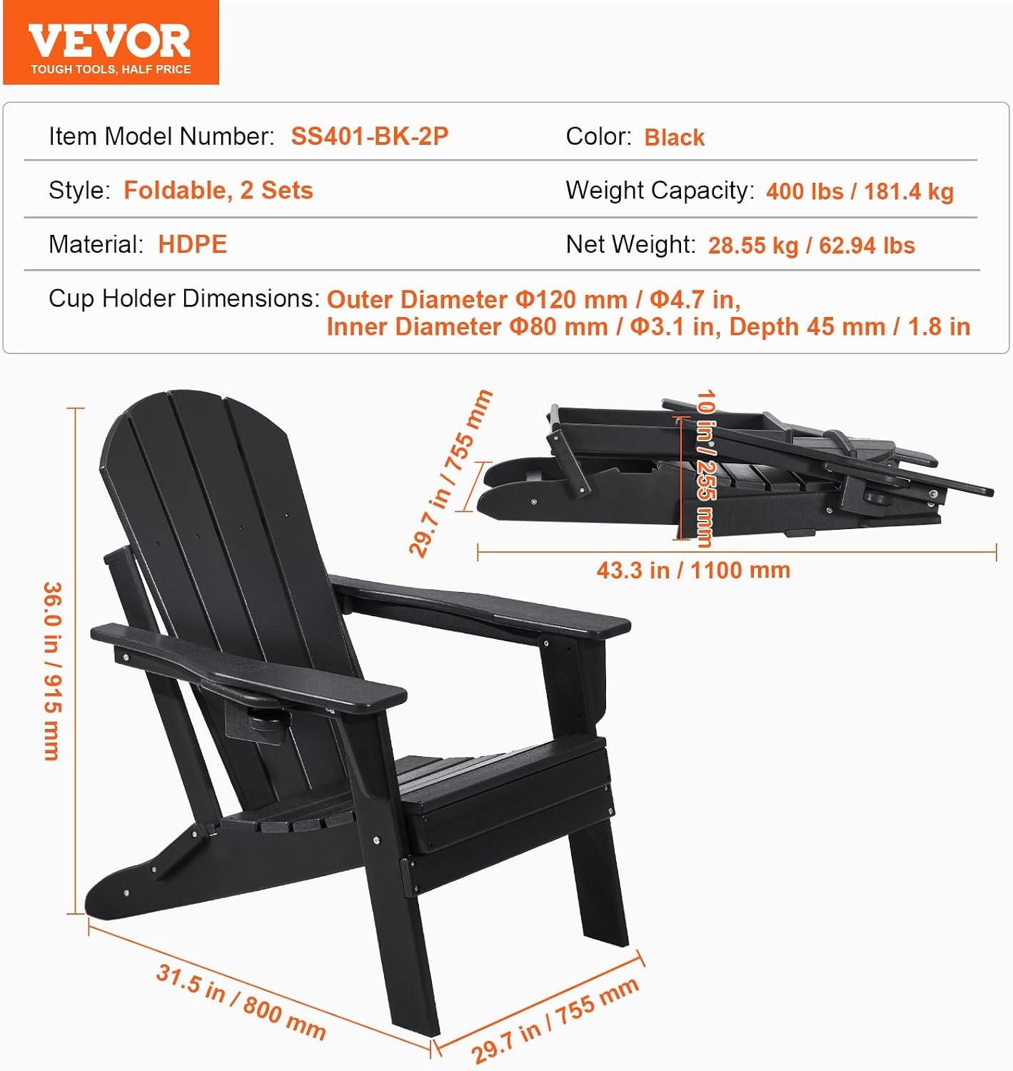 image:imageVEVOR Folding Adirondack Chairs Set of 2 with Cup Holder AllWeather Portable Plastic Fire Pit Chair Outdoor Adirondack Patio Chair with Relaxing Arm Rest Ergonomic for Garden Backyard WhiteBlack Plastic Adirondack Chairs Set of 2 With Cup Holder