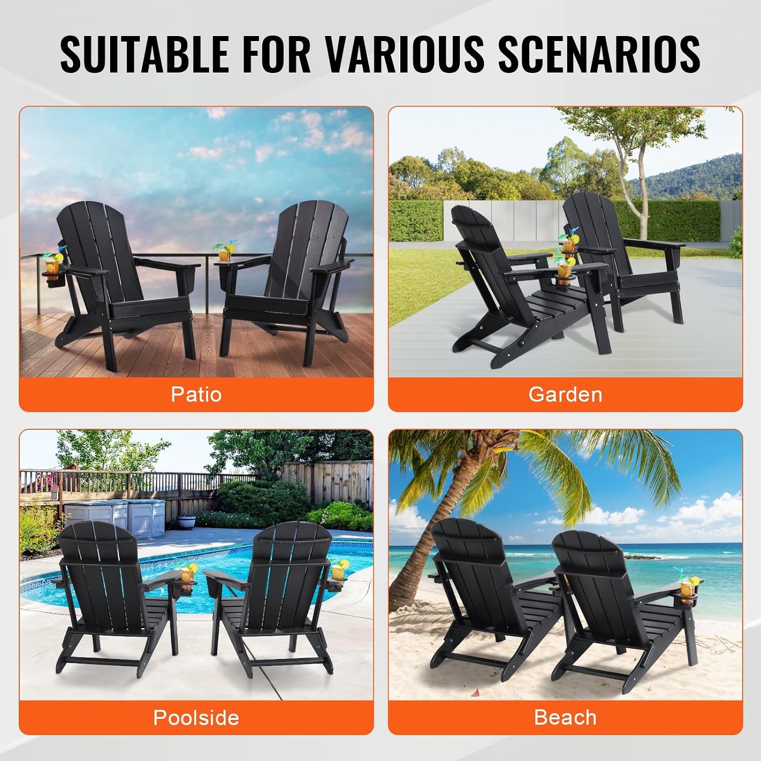 image:imageVEVOR Folding Adirondack Chairs Set of 2 with Cup Holder AllWeather Portable Plastic Fire Pit Chair Outdoor Adirondack Patio Chair with Relaxing Arm Rest Ergonomic for Garden Backyard WhiteBlack Plastic Adirondack Chairs Set of 2 With Cup Holder