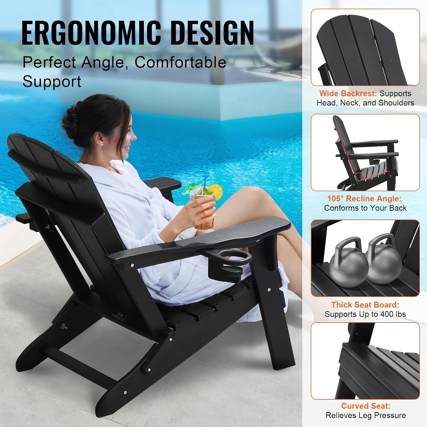 image:imageVEVOR Folding Adirondack Chairs Set of 2 with Cup Holder AllWeather Portable Plastic Fire Pit Chair Outdoor Adirondack Patio Chair with Relaxing Arm Rest Ergonomic for Garden Backyard WhiteBlack Plastic Adirondack Chairs Set of 2 With Cup Holder