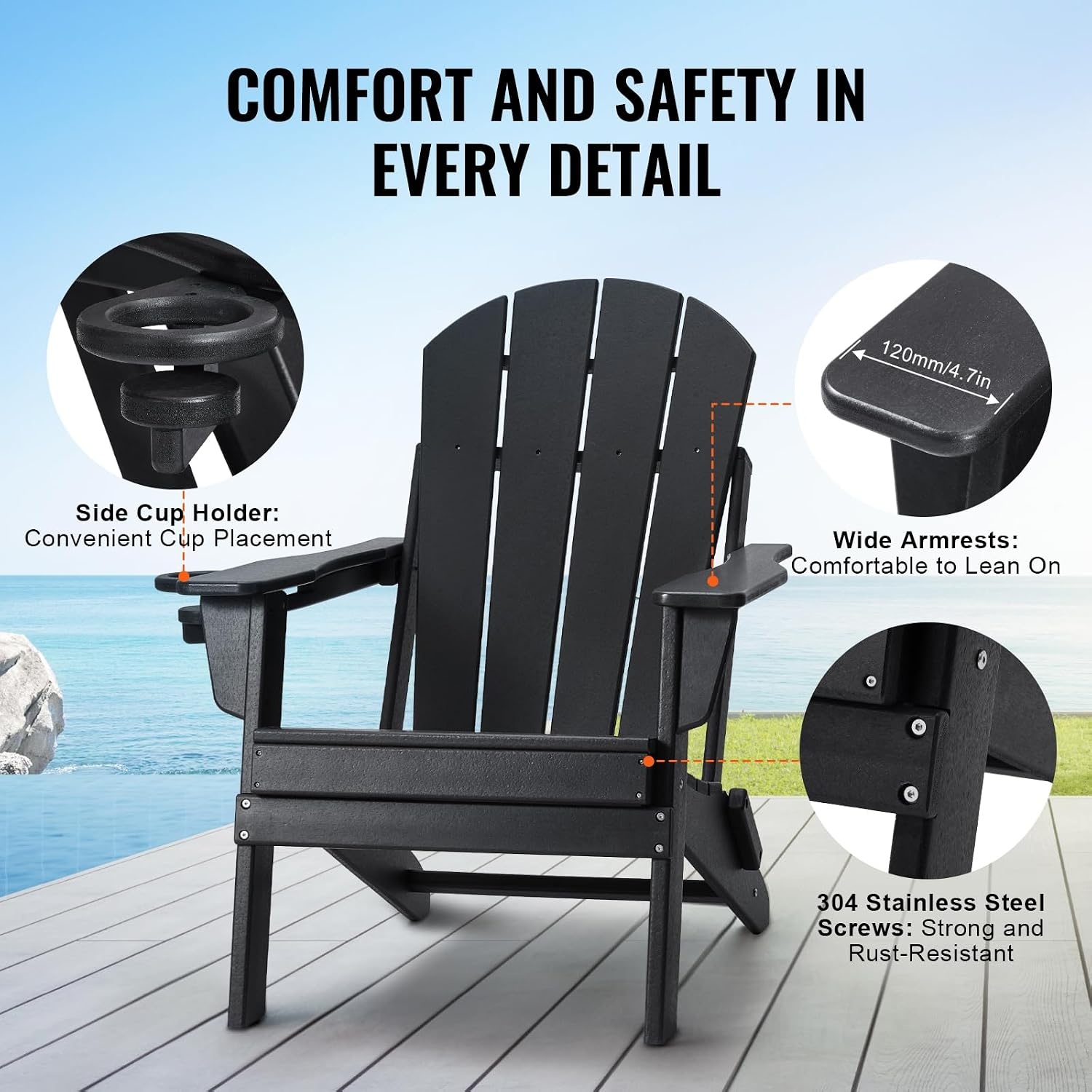 image:imageVEVOR Folding Adirondack Chairs Set of 2 with Cup Holder AllWeather Portable Plastic Fire Pit Chair Outdoor Adirondack Patio Chair with Relaxing Arm Rest Ergonomic for Garden Backyard WhiteBlack Plastic Adirondack Chairs Set of 2 With Cup Holder