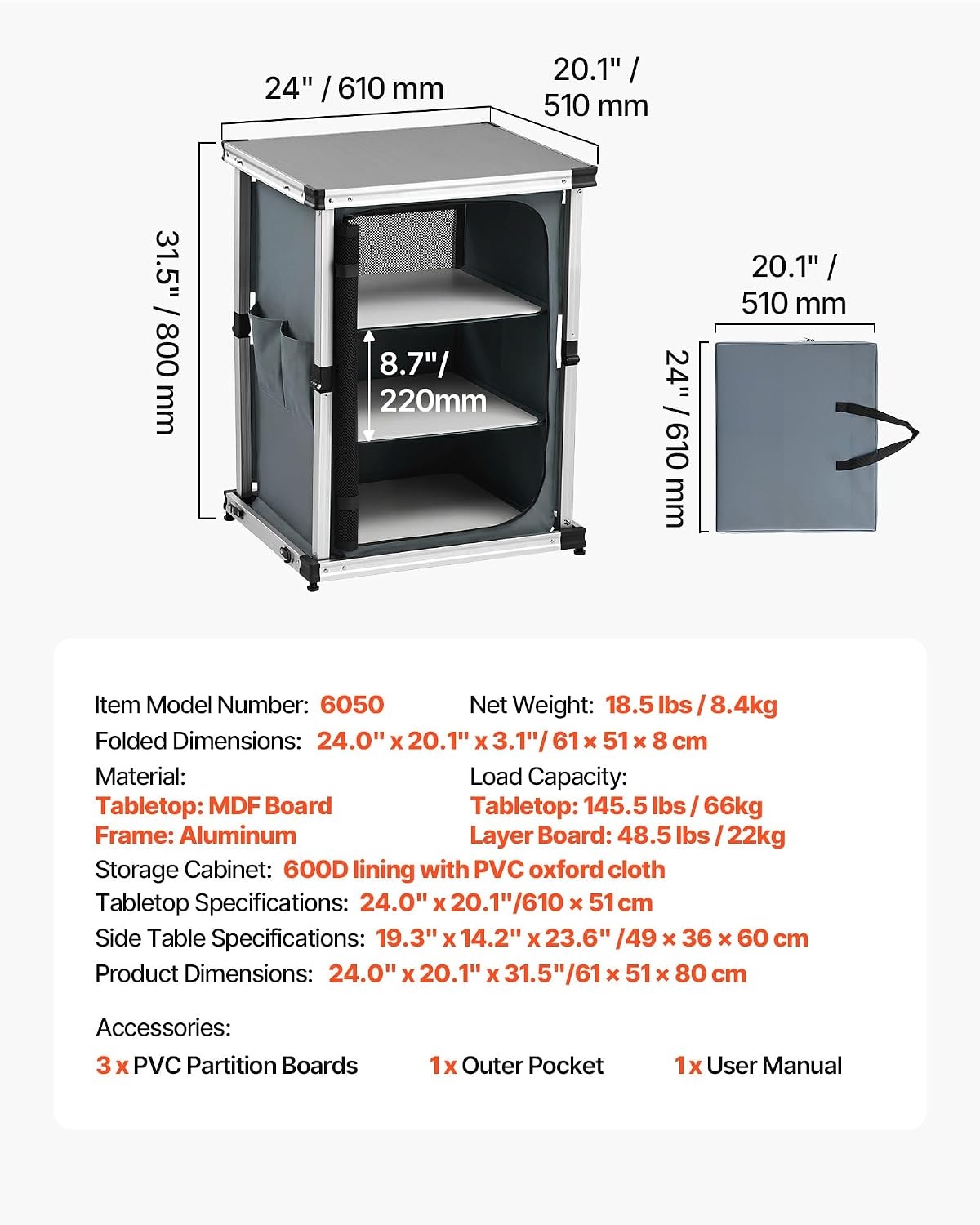 image:imageVEVOR Folding Camping Storage Cabinet Outdoor Portable Aluminum Lightweight Table Quick Setup Compact Kitchen Cook Station with 3 Shelves and Carry Bag for Picnic BBQ Camping RV Traveling