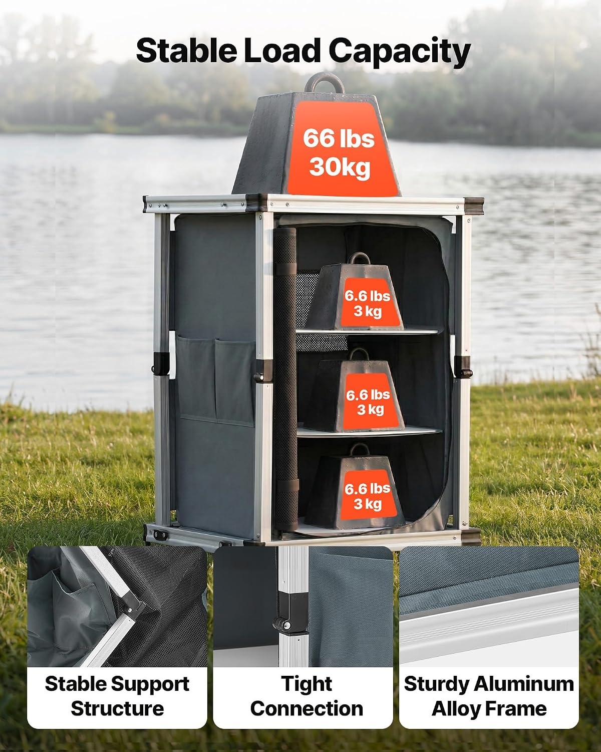 image:imageVEVOR Folding Camping Storage Cabinet Outdoor Portable Aluminum Lightweight Table Quick Setup Compact Kitchen Cook Station with 3 Shelves and Carry Bag for Picnic BBQ Camping RV Traveling