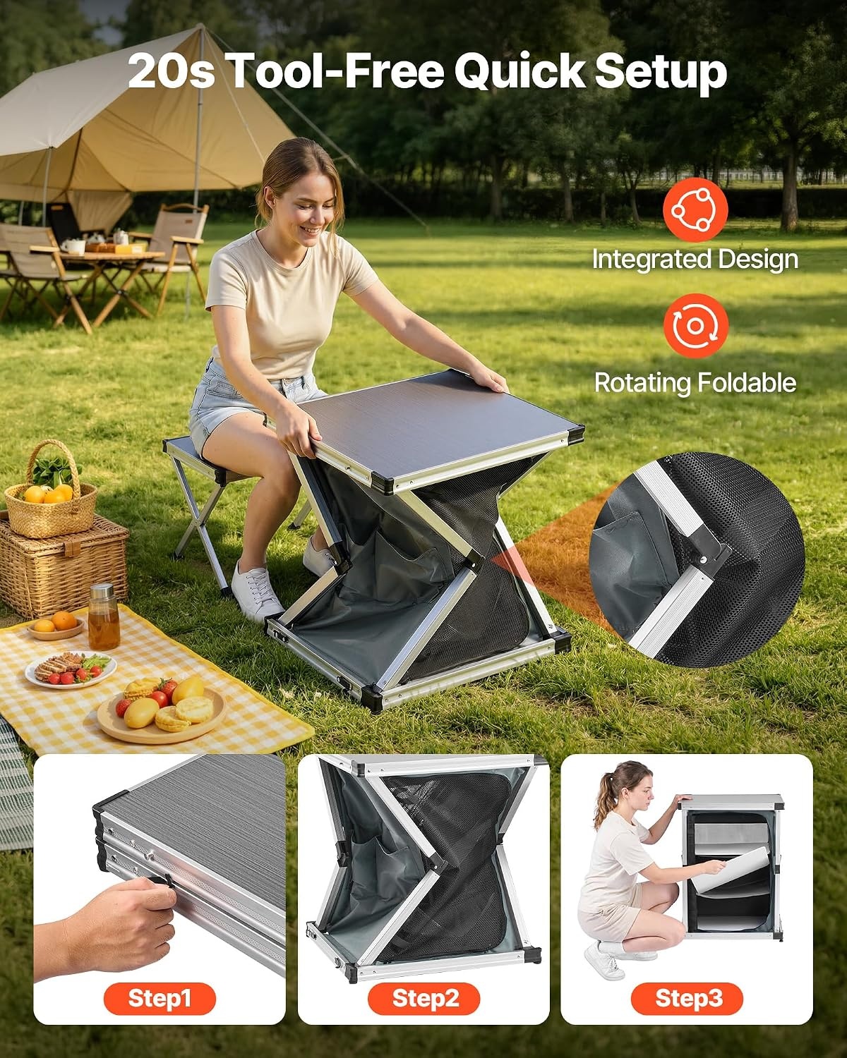 image:imageVEVOR Folding Camping Storage Cabinet Outdoor Portable Aluminum Lightweight Table Quick Setup Compact Kitchen Cook Station with 3 Shelves and Carry Bag for Picnic BBQ Camping RV Traveling