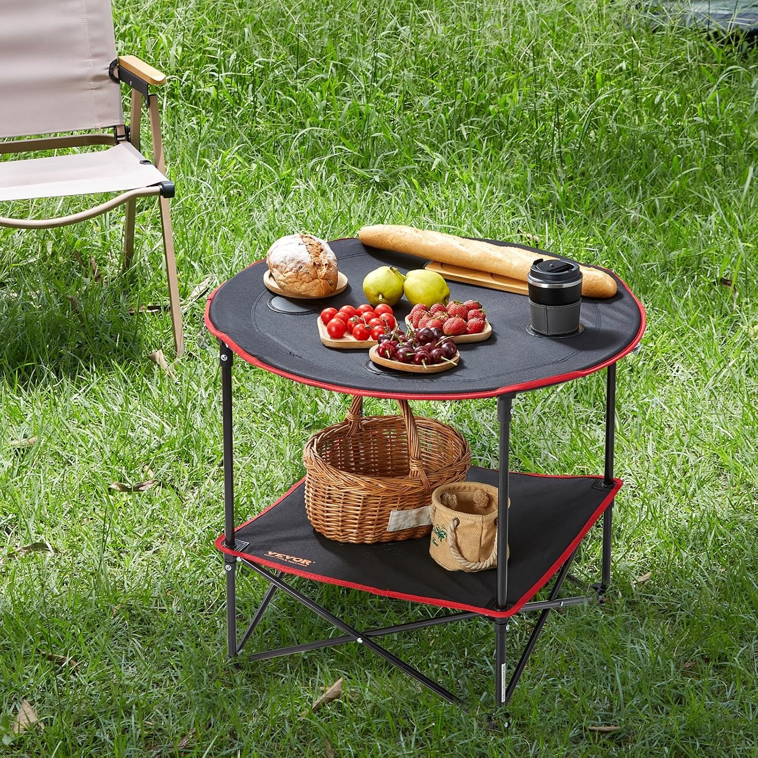 image:imageVEVOR Folding Camping Table Portable Roll Up Side Tables Lightweight Aluminum Beach Table for Outdoor BBQ Tailgating Picnic Travel 47 inchBlackRed