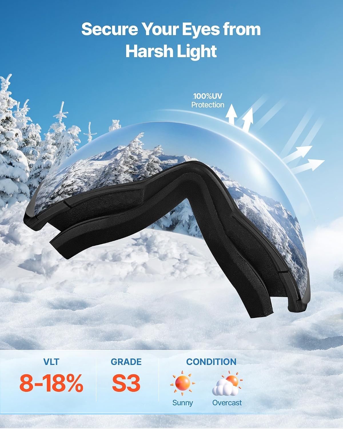 image:imageVEVOR Frameless Ski Goggles Spherical Lens with Revo Coating OTG Anti fog Snow Goggles TPU Frame amp Ventilation StructureBlue Lens Vlt 818