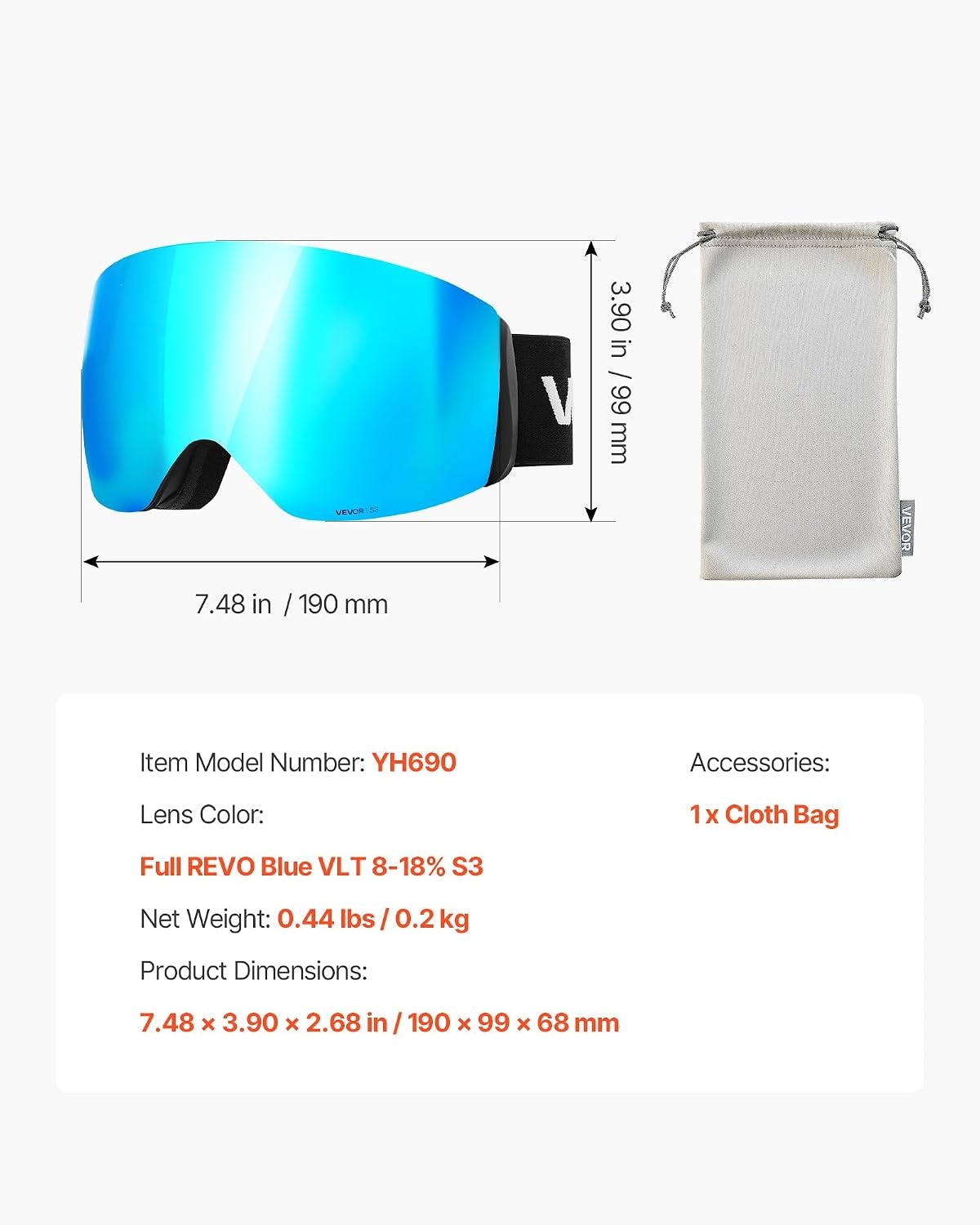 image:imageVEVOR Frameless Ski Goggles Spherical Lens with Revo Coating OTG Anti fog Snow Goggles TPU Frame amp Ventilation StructureBlue Lens Vlt 818