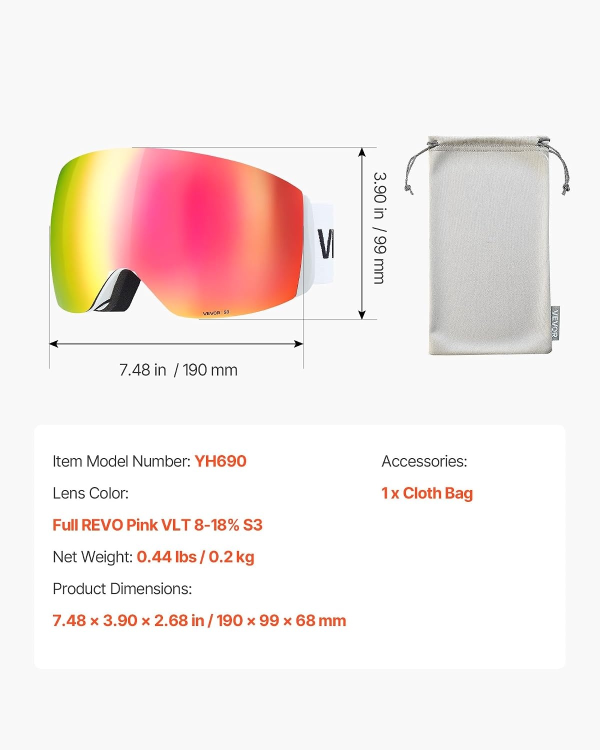 image:imageVEVOR Frameless Ski Goggles Spherical Lens with Revo Coating OTG Anti fog Snow Goggles TPU Frame amp Ventilation StructurePink Lens Vlt 818