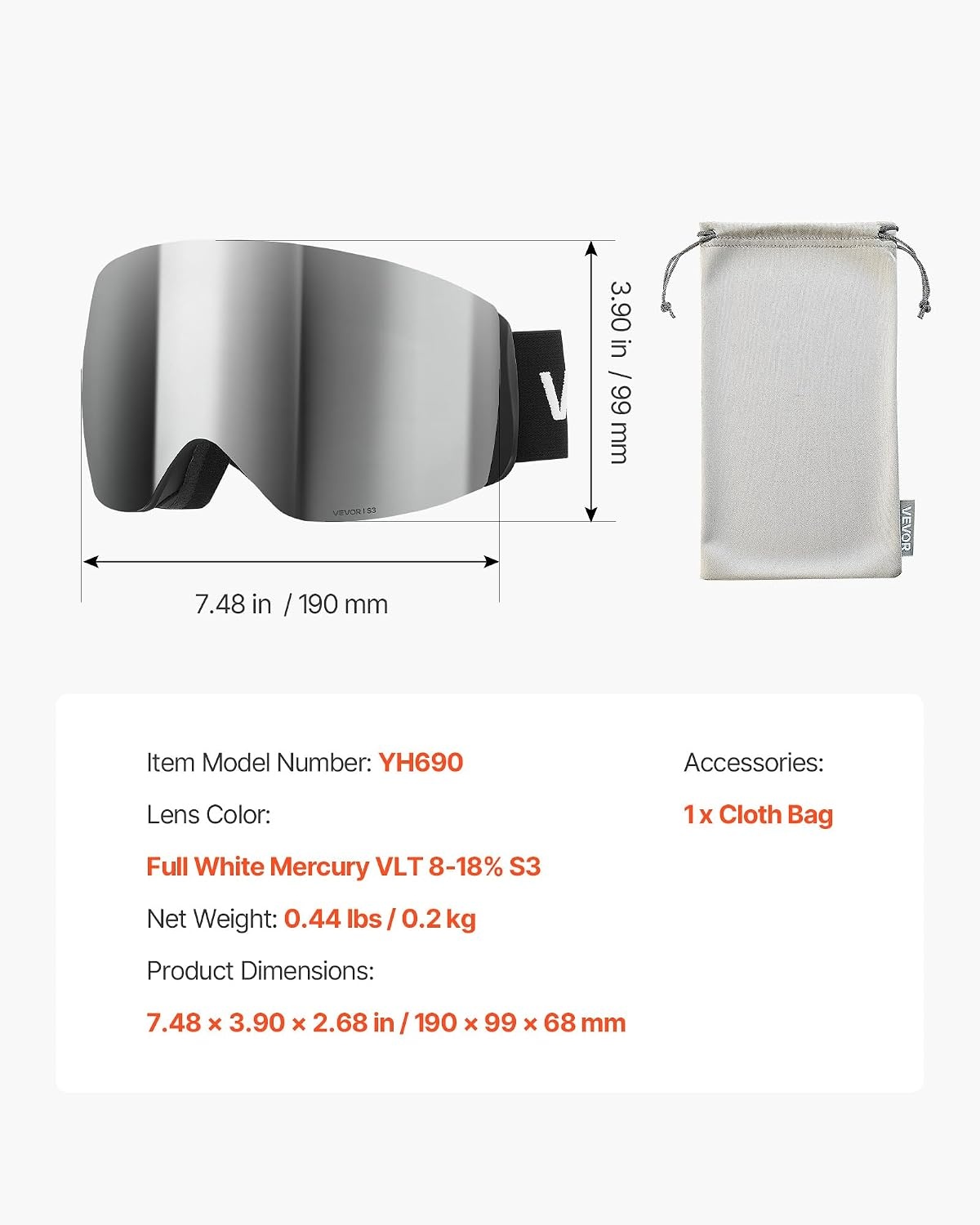 image:imageVEVOR Frameless Ski Goggles Spherical Lens with Revo Coating OTG Anti fog Snow Goggles TPU Frame amp Ventilation StructureSilver Lens Vlt 818