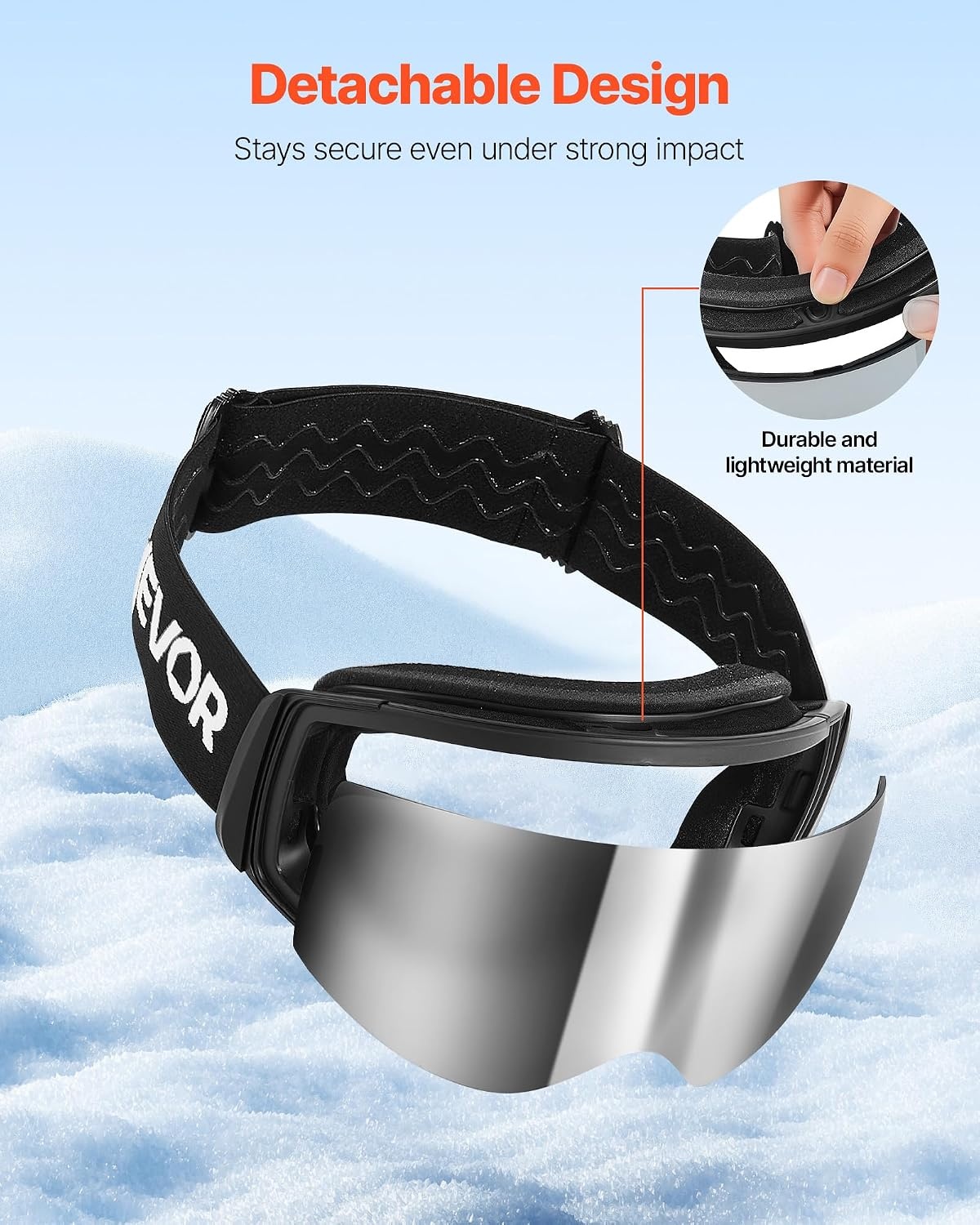 image:imageVEVOR Frameless Ski Goggles Spherical Lens with Revo Coating OTG Anti fog Snow Goggles TPU Frame amp Ventilation StructureSilver Lens Vlt 818