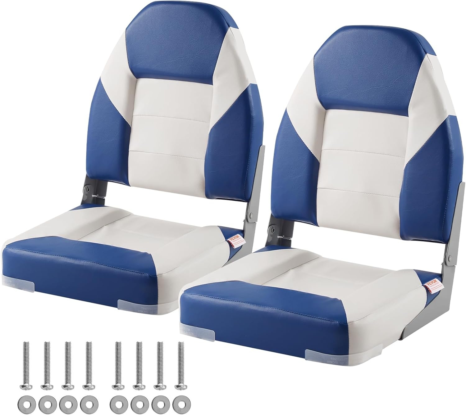 image:imageVEVOR High Back Boat Seat 2 Pack Folding Fishing Boat Seat with Thickened Sponge Cushion amp Waterproof PVC Leather Aluminum Alloy Hinges Flip Up for Boats Yachts Ships Black amp Grey2 pack BlueWhite