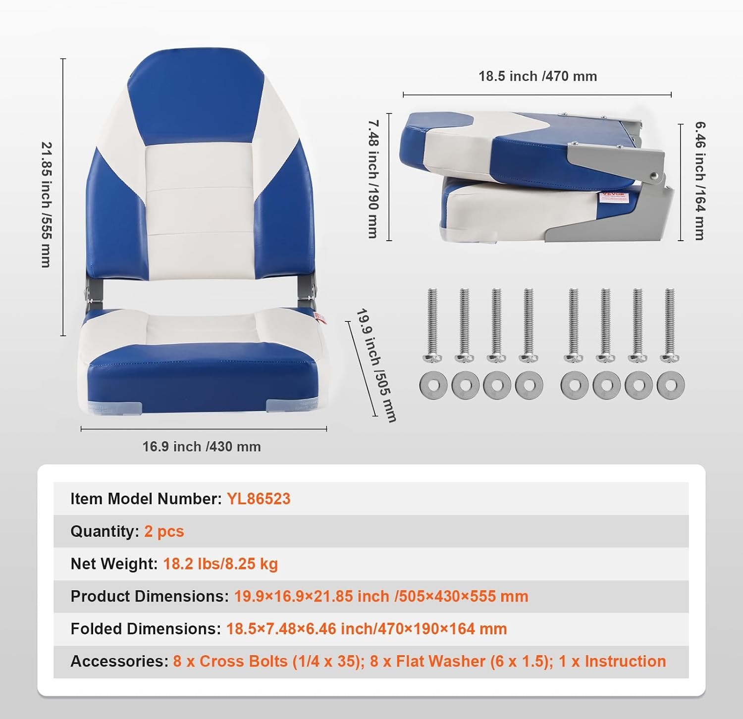 image:imageVEVOR High Back Boat Seat 2 Pack Folding Fishing Boat Seat with Thickened Sponge Cushion amp Waterproof PVC Leather Aluminum Alloy Hinges Flip Up for Boats Yachts Ships Black amp Grey2 pack BlueWhite