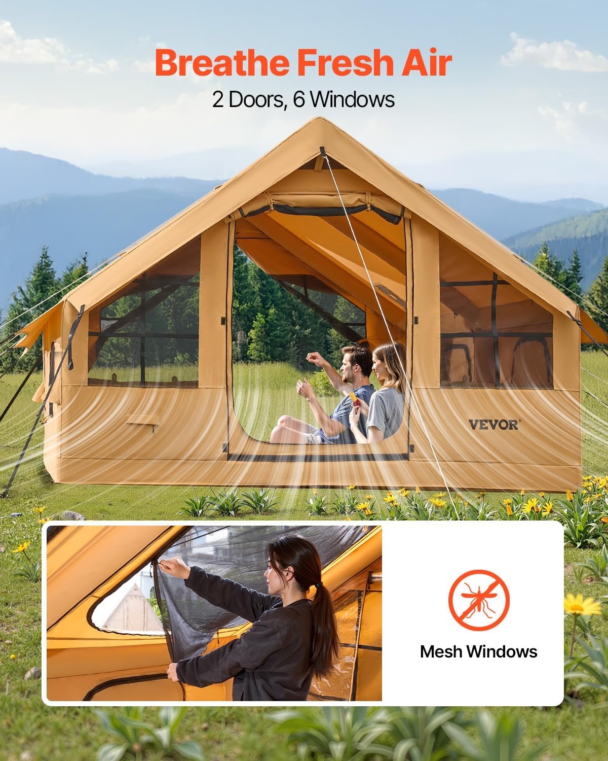 image:imageVEVOR Inflatable Tents for Camping Easy Setup Blow up Tent with Hand Pump 4 Season Glamping Tent with Stove Jack Doors amp Mesh Windows Storage Bag Included for Easy Taking58 Person With 2 Skylights