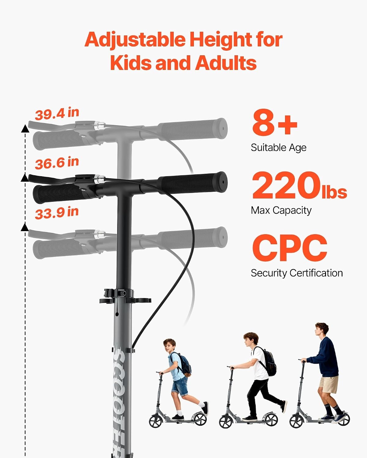 image:imageVEVOR Kick Scooter for Kids Ages 8 Teens amp Adults 2Wheel Toddler Scooter with Adjustable Height Handlebar Wide AntiSlip Deck Foldable Lightweight Frame for Boys amp Girls up to 220 lbs Gray