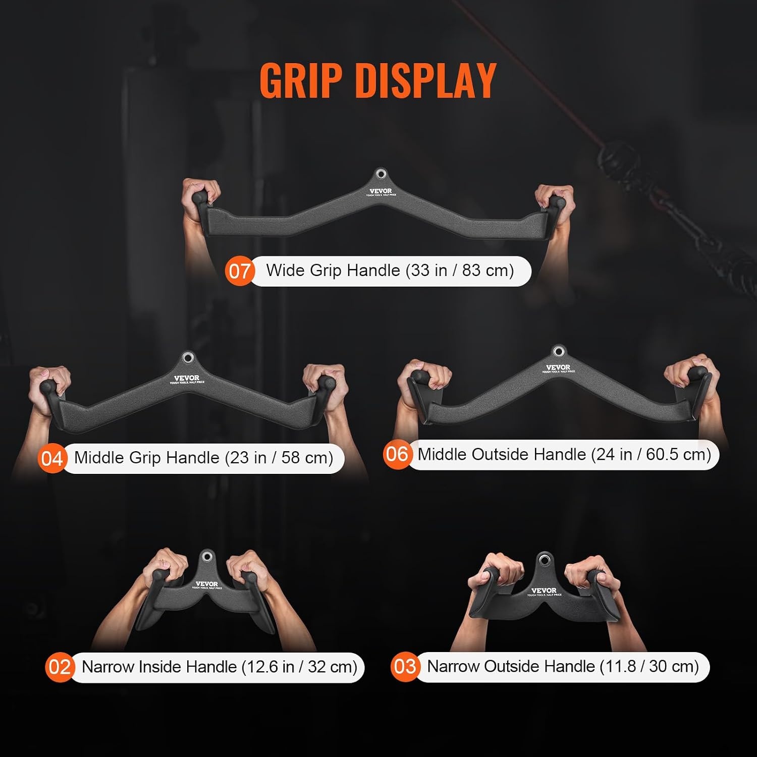 image:imageVEVOR LAT Pulldown Attachments Cable Machine Rowing Tbar Vbar Tricep Pull Down Bar Back Strength Training Rubber Coated Handle Grip Bicep Curl Tricep LAT Pulldown Bar for Home Gym Fitness5PCS B