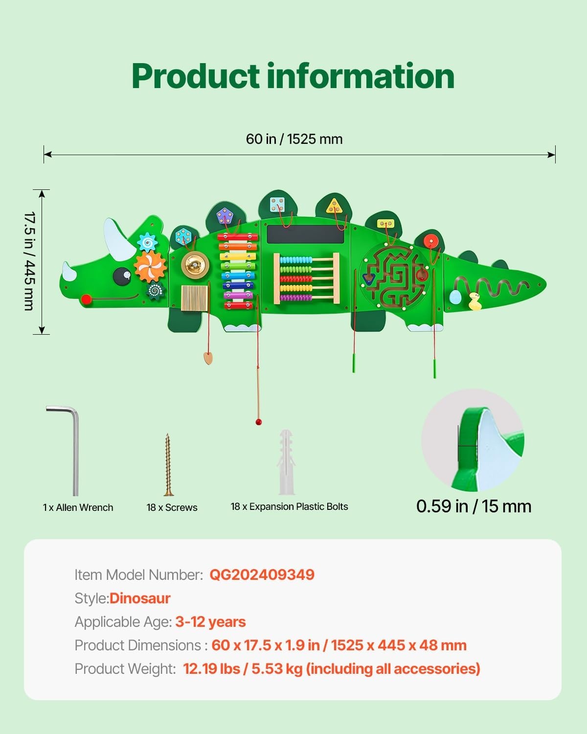 image:imageVEVOR Orca Activity Busy Board Wall 12 Activities Board Montessori Sensory Wall Panel for Kids 312 Years Sensory Activity Panel Ideal for Toddler Playroom Nursery ClassroomDinosaur