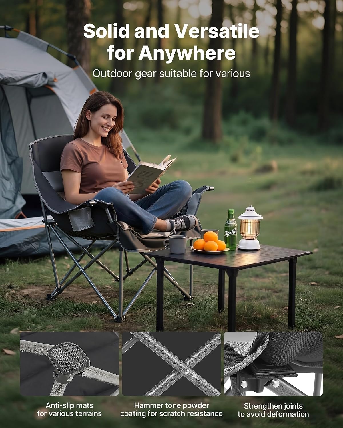 image:imageVEVOR Oversized Camping Chairs 450 lbs Heavy Duty Support Portable Padded Folding Camp Chairs with Dual Cup Holders amp Wine Glass Holders Carry Bag for Outdoor Fishing Black amp Gray 1 Pack