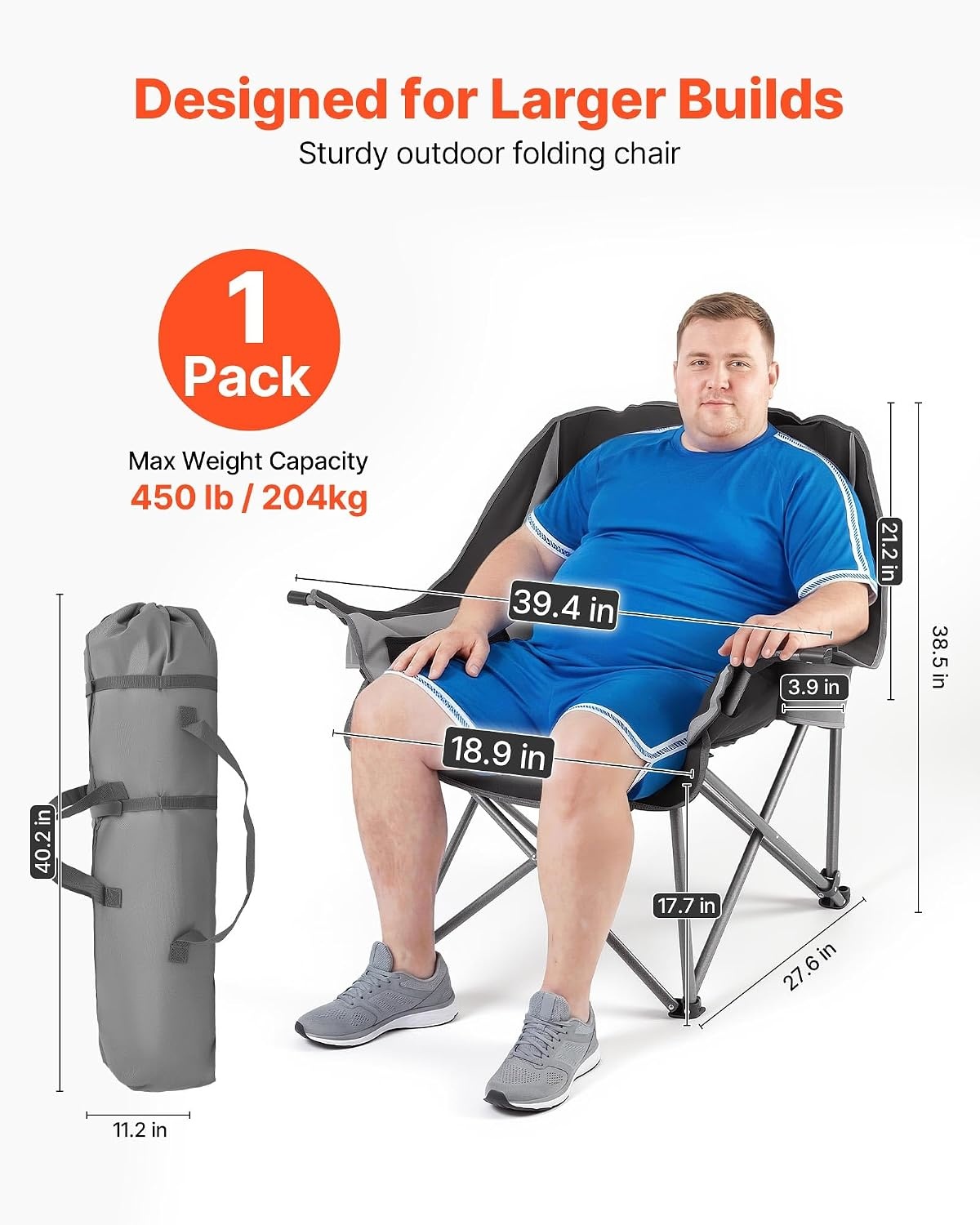 image:imageVEVOR Oversized Camping Chairs 450 lbs Heavy Duty Support Portable Padded Folding Camp Chairs with Dual Cup Holders amp Wine Glass Holders Carry Bag for Outdoor Fishing Black amp Gray 1 Pack