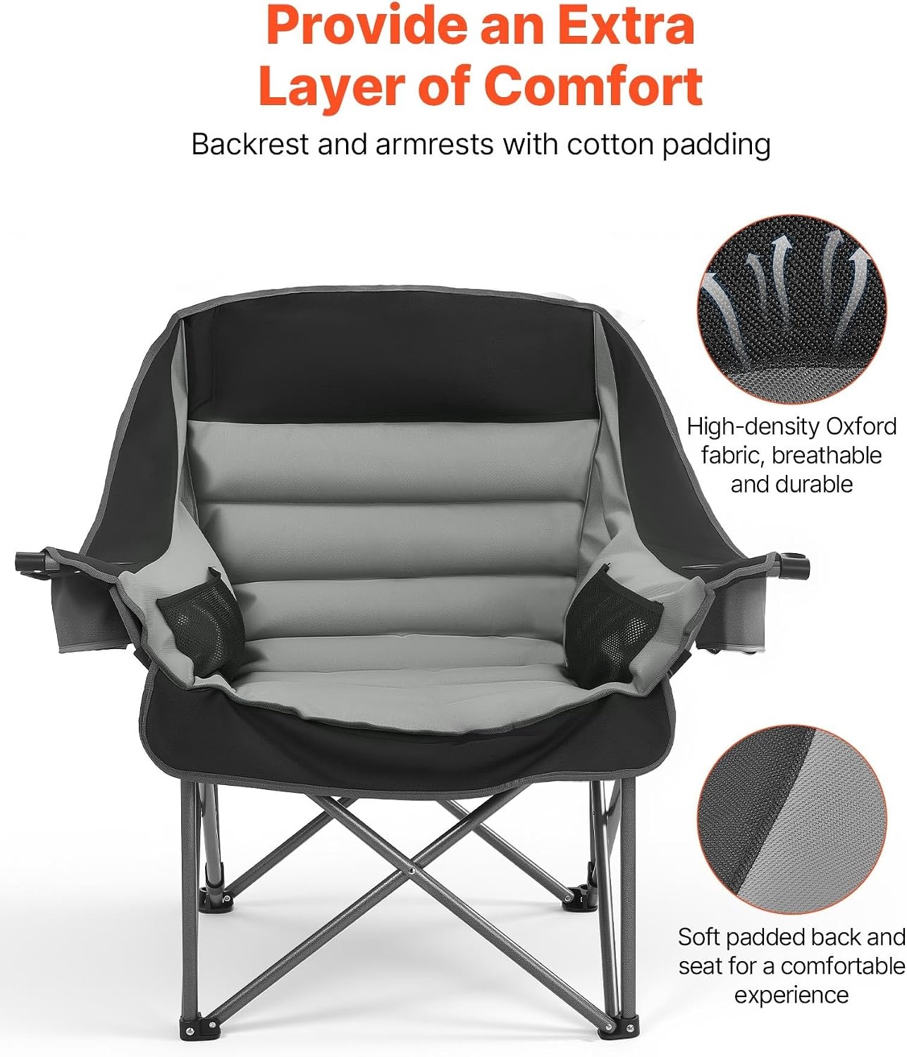 image:imageVEVOR Oversized Camping Chairs 450 lbs Heavy Duty Support Portable Padded Folding Camp Chairs with Dual Cup Holders amp Wine Glass Holders Carry Bag for Outdoor Fishing Black amp Gray 1 Pack