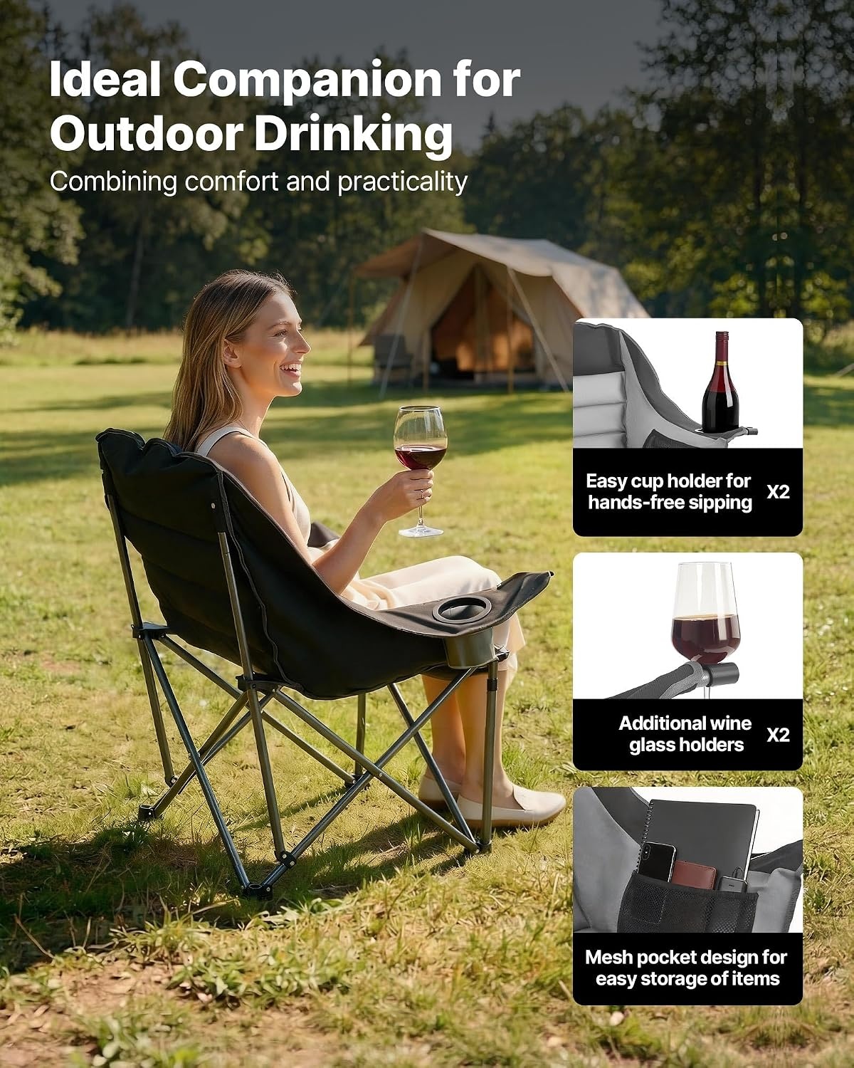 image:imageVEVOR Oversized Camping Chairs 450 lbs Heavy Duty Support Portable Padded Folding Camp Chairs with Dual Cup Holders amp Wine Glass Holders Carry Bag for Outdoor Fishing Black amp Gray 1 Pack
