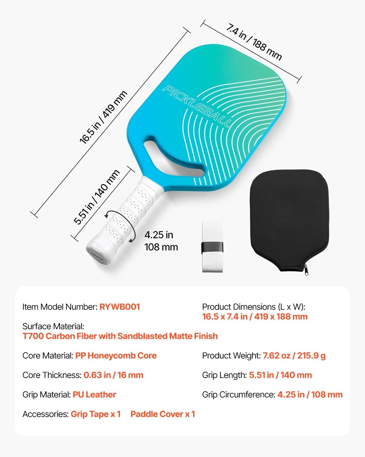 image:imageVEVOR Pickleball Paddle T700 Carbon Fiber Surface amp Honeycomb Core Pickleball Paddle with Increased Power amp Control amp Spin Pickle Ball Racket for Adults Men amp Women ChildrenCyan Gradient