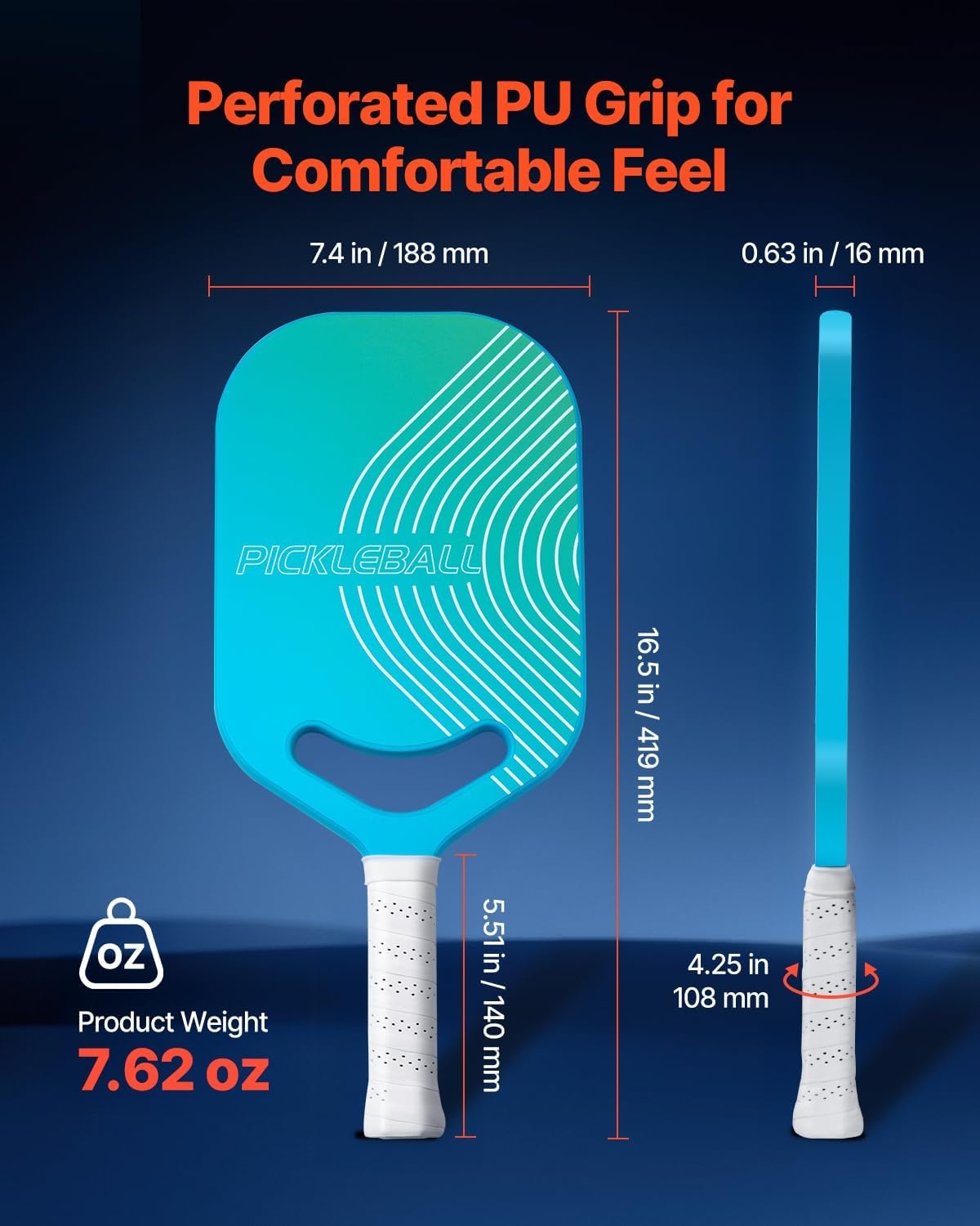 image:imageVEVOR Pickleball Paddle T700 Carbon Fiber Surface amp Honeycomb Core Pickleball Paddle with Increased Power amp Control amp Spin Pickle Ball Racket for Adults Men amp Women ChildrenCyan Gradient