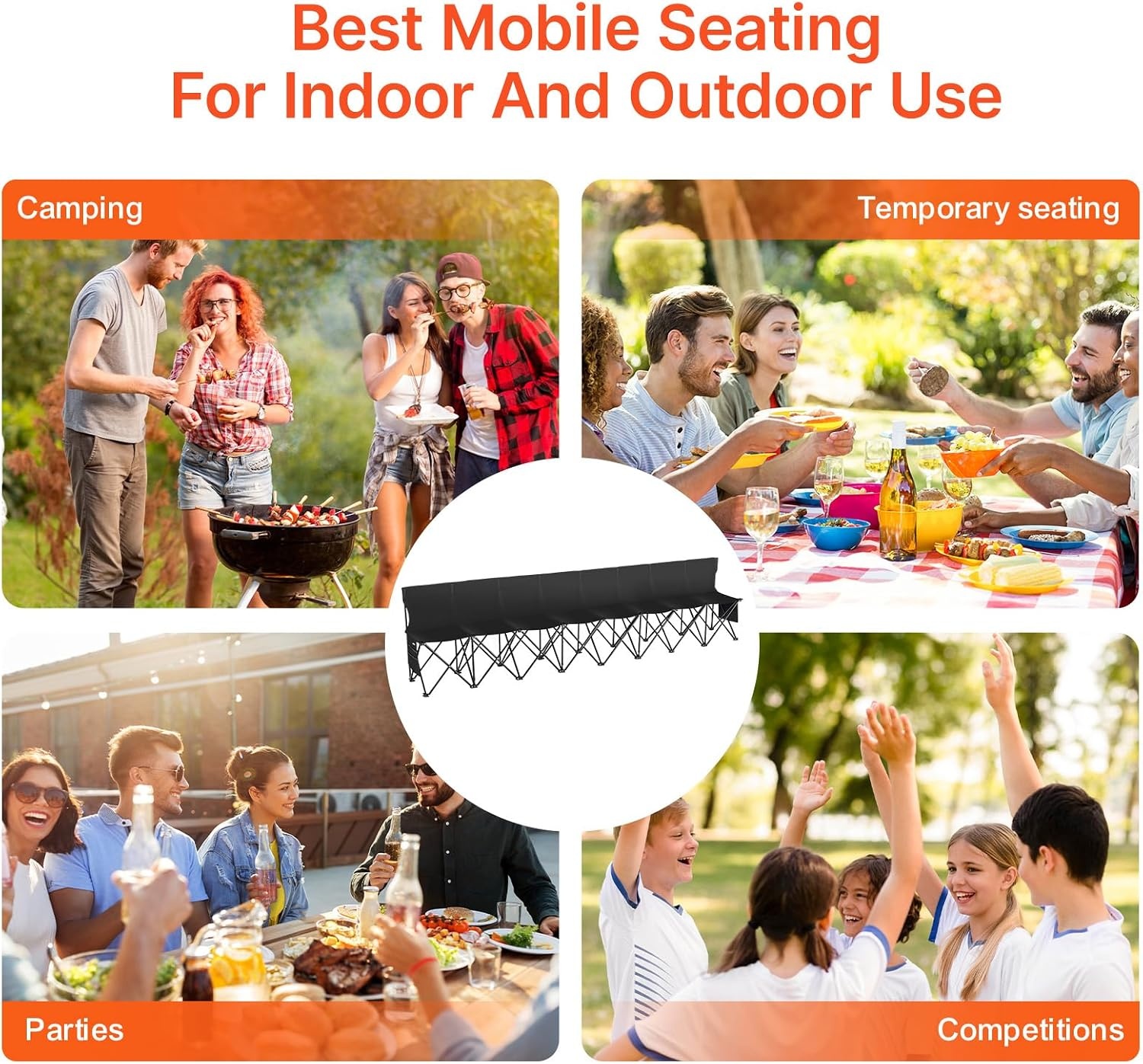 image:imageVEVOR Portable Folding Bench 6 Seat Foldable Soccer Bench with Side Pockets and Carrying Bag Lightweight Sideline Seating with Back Rest for Football Baseball Camping Outdoor Events OrangeBlack
