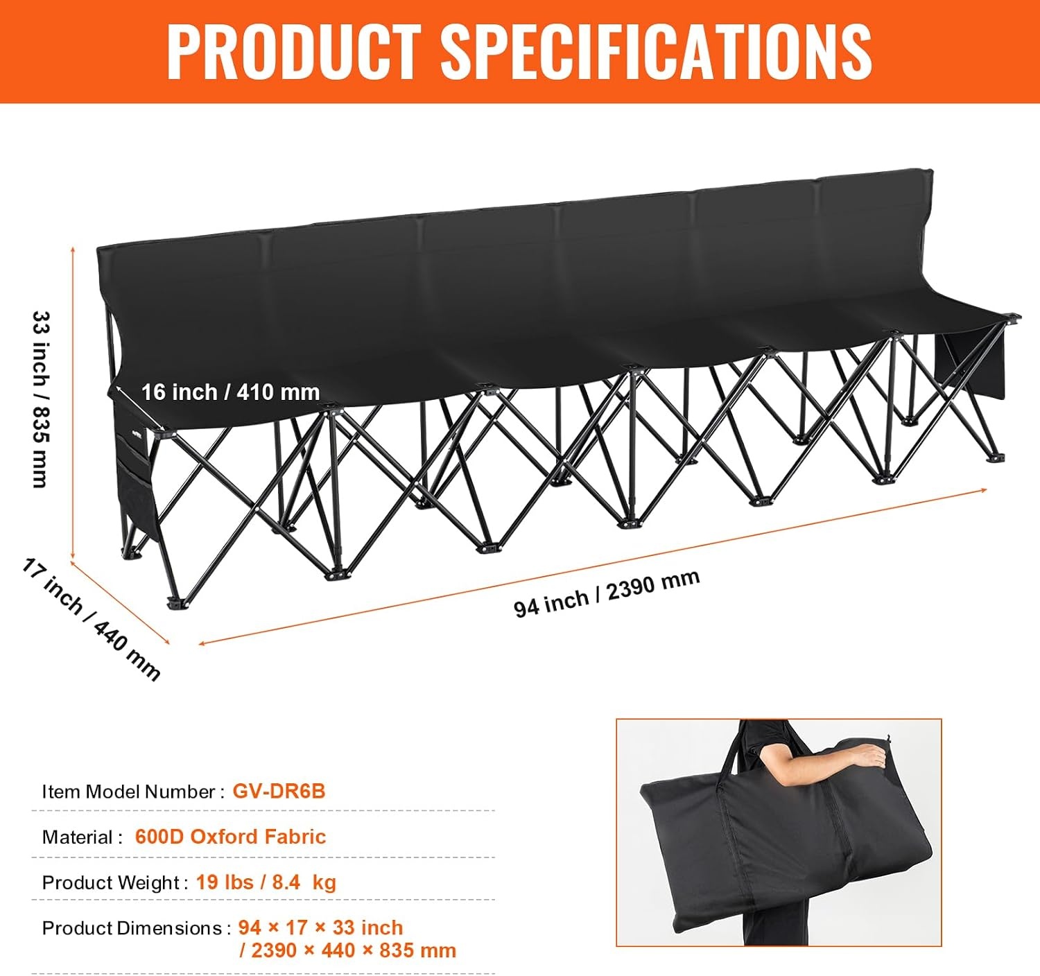 image:imageVEVOR Portable Folding Bench 6 Seat Foldable Soccer Bench with Side Pockets and Carrying Bag Lightweight Sideline Seating with Back Rest for Football Baseball Camping Outdoor Events OrangeBlack